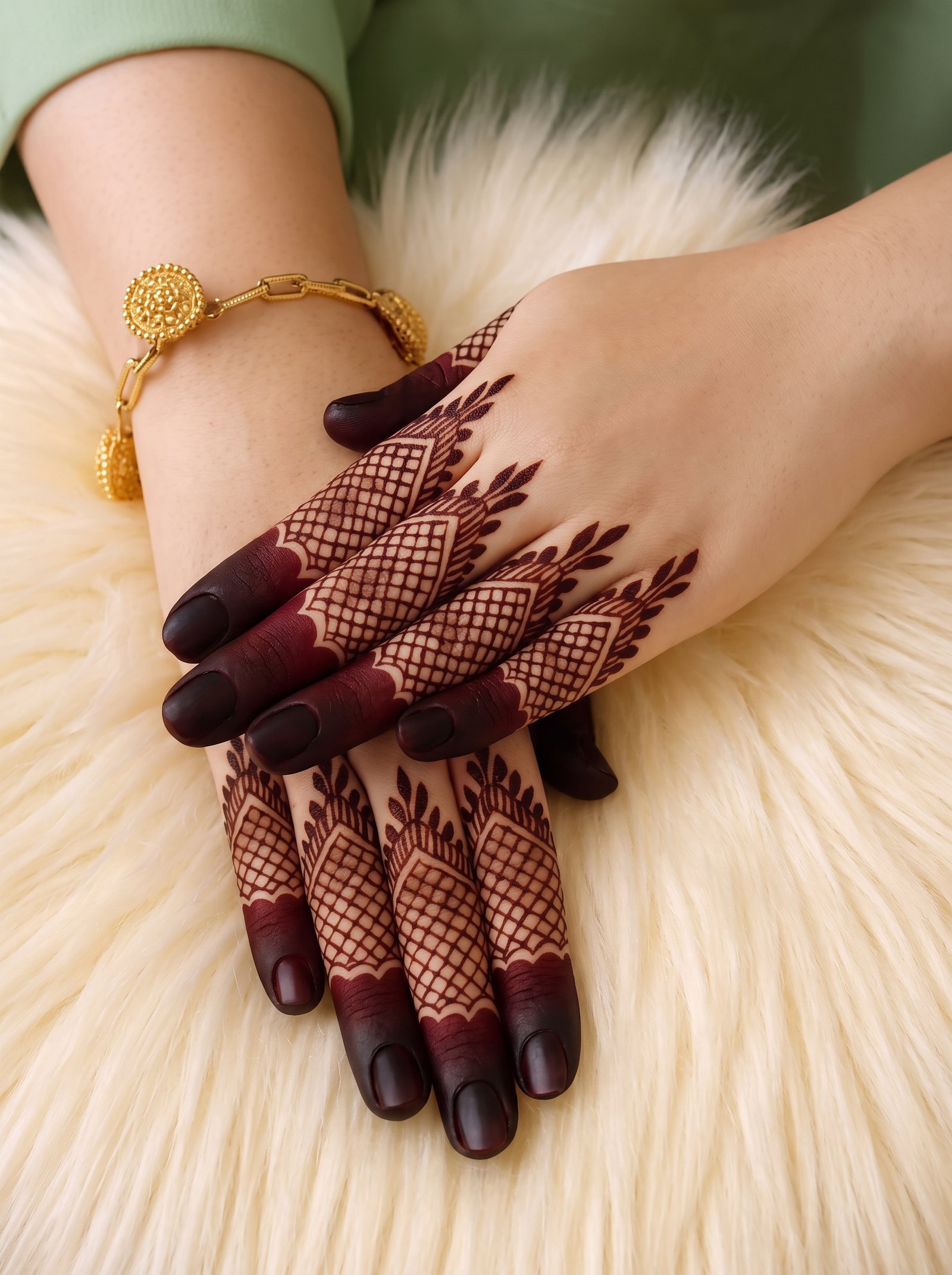 Elegant finger mehndi design with criss-cross patterns, leafy details, and dark fingertips on both hands.