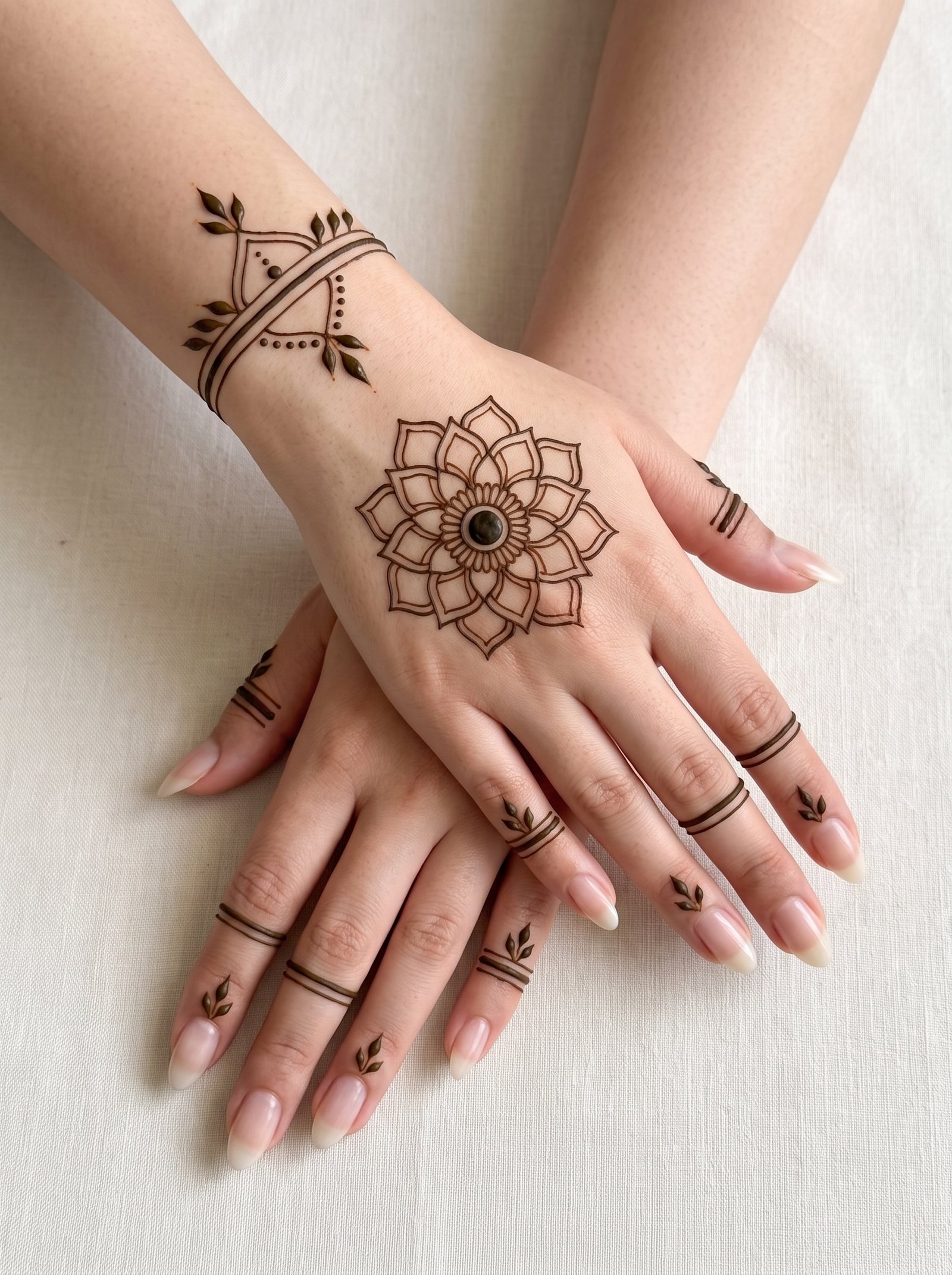 Elegant front hand mehndi design with a large lotus mandala, delicate leaf motifs, wrist bands, and simple finger patterns.