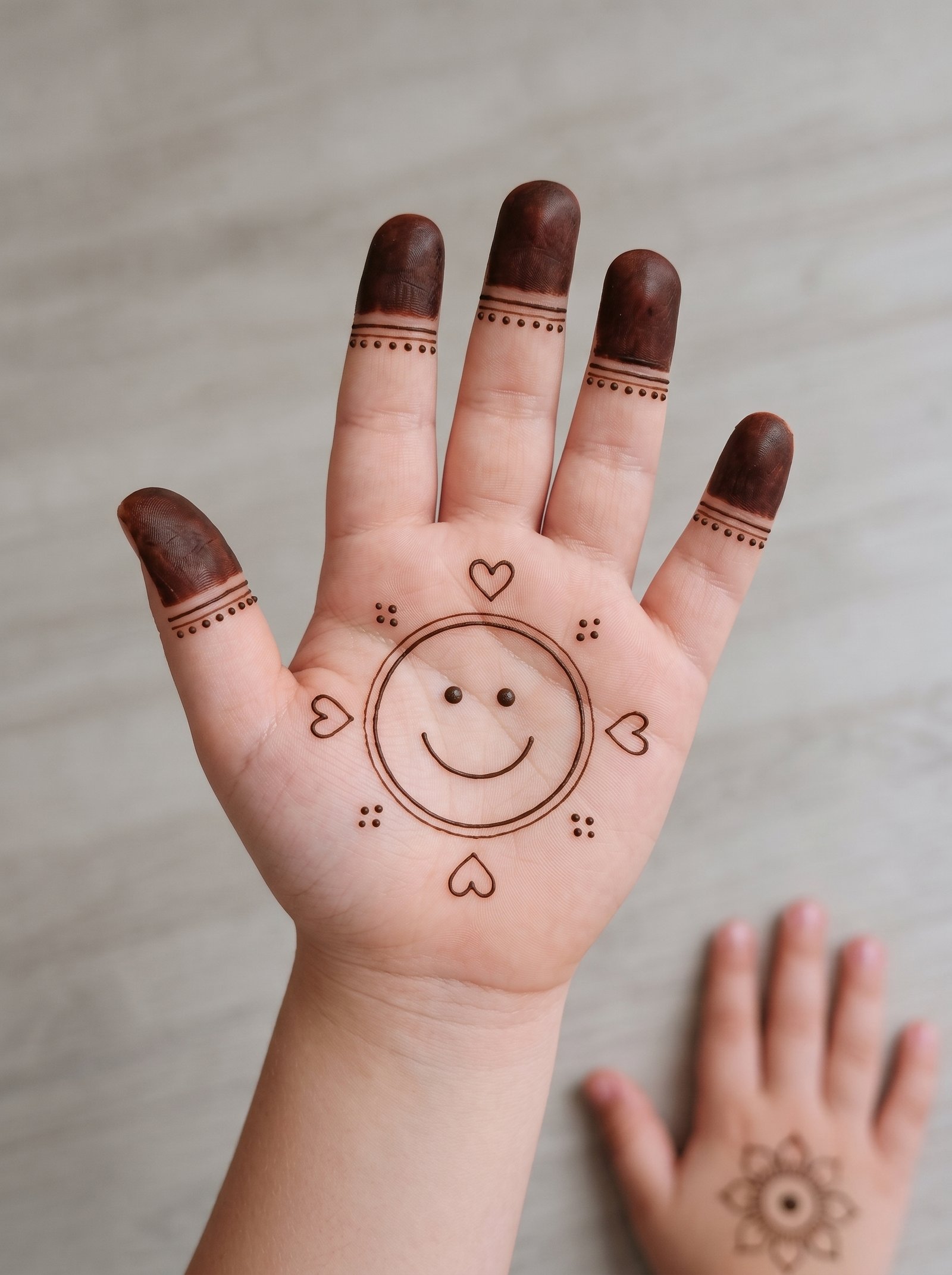 Cute kids mehndi design featuring a smiley face, small hearts, dotted accents, and henna-covered fingertips on the palm.