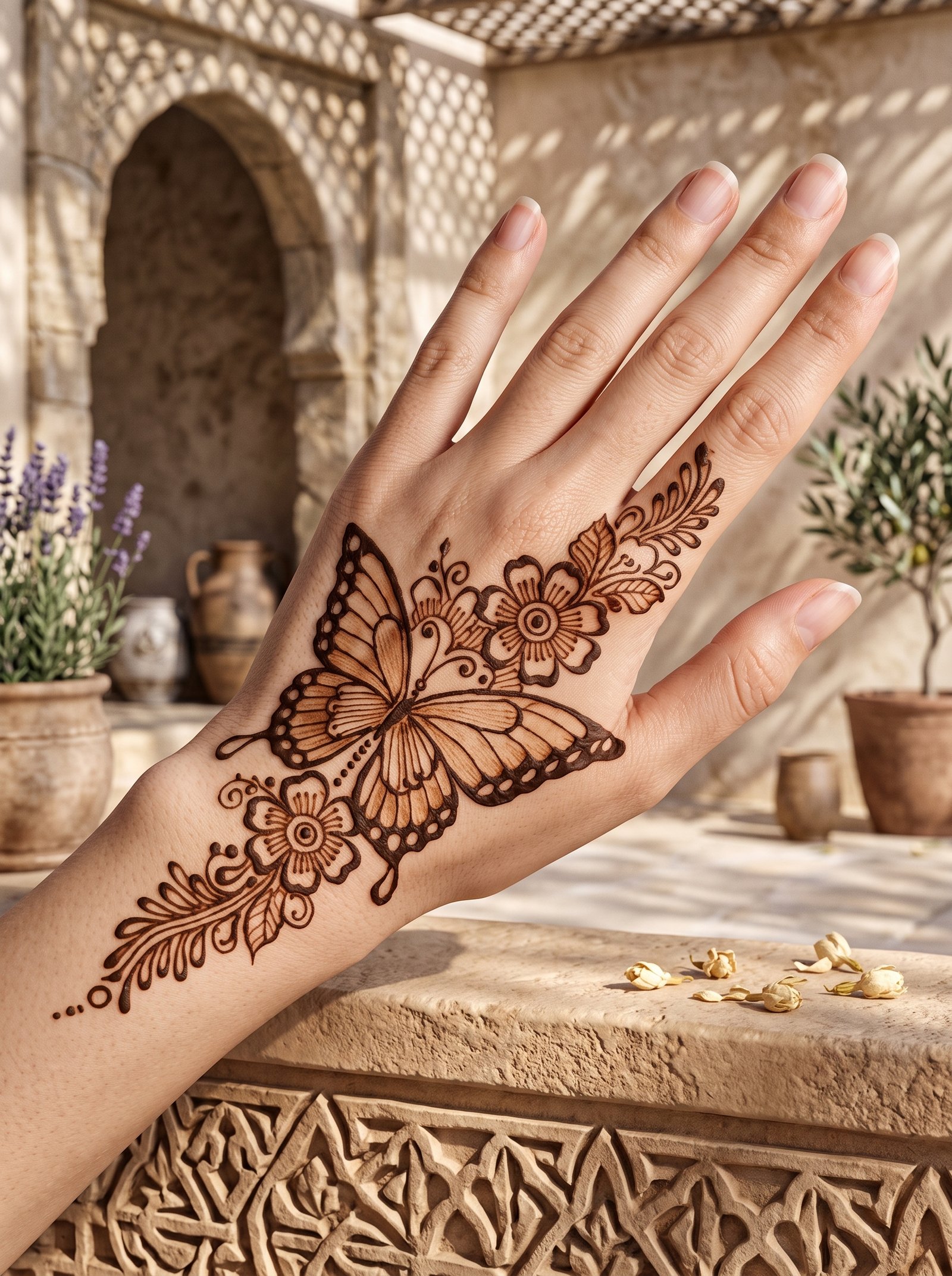 Indian mehndi design featuring a detailed butterfly surrounded by floral motifs and leafy vines on the back of the hand.
