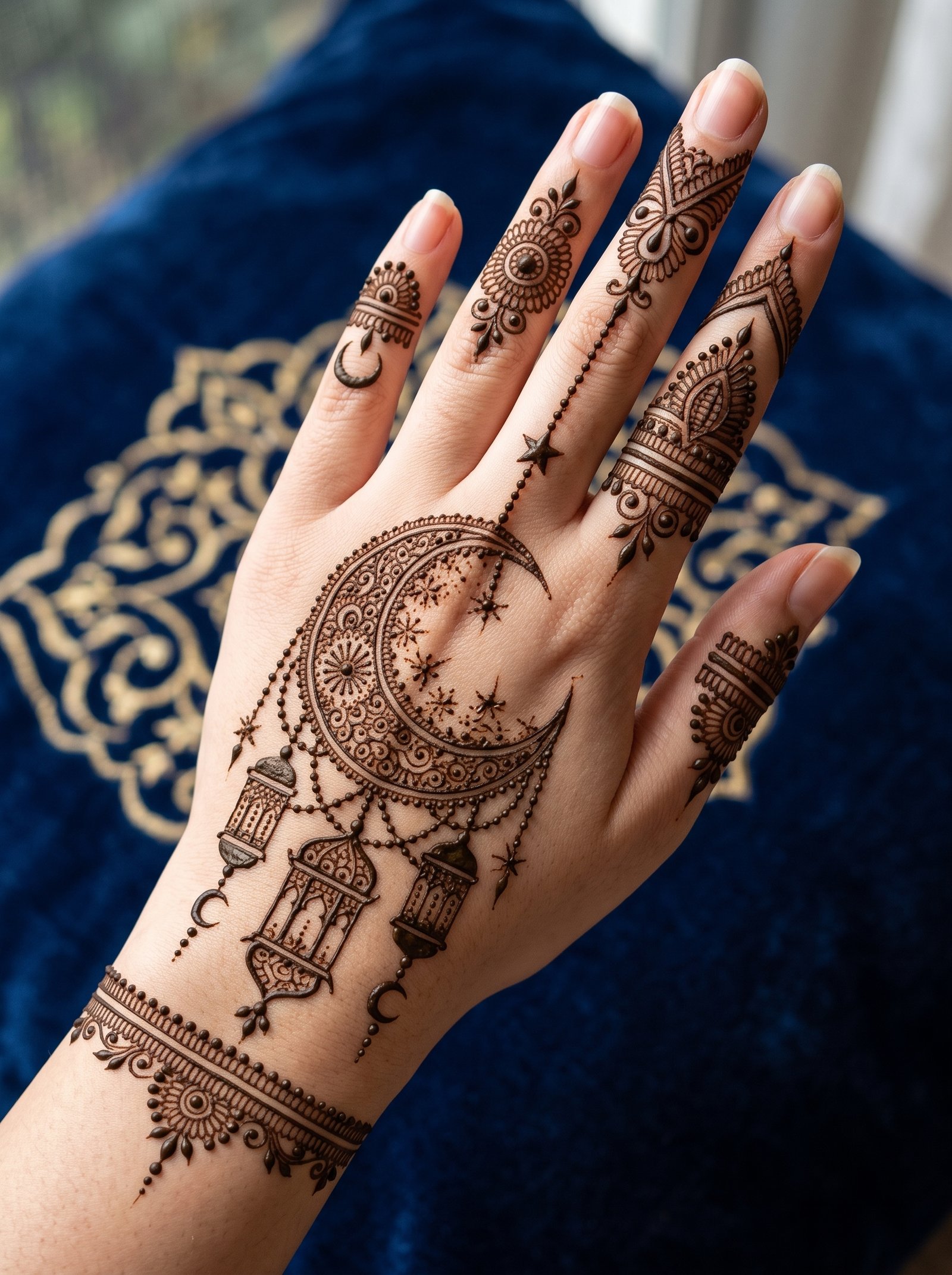 Elegant Eid mehndi design featuring a crescent moon, stars, hanging lanterns, floral motifs, and detailed finger patterns.