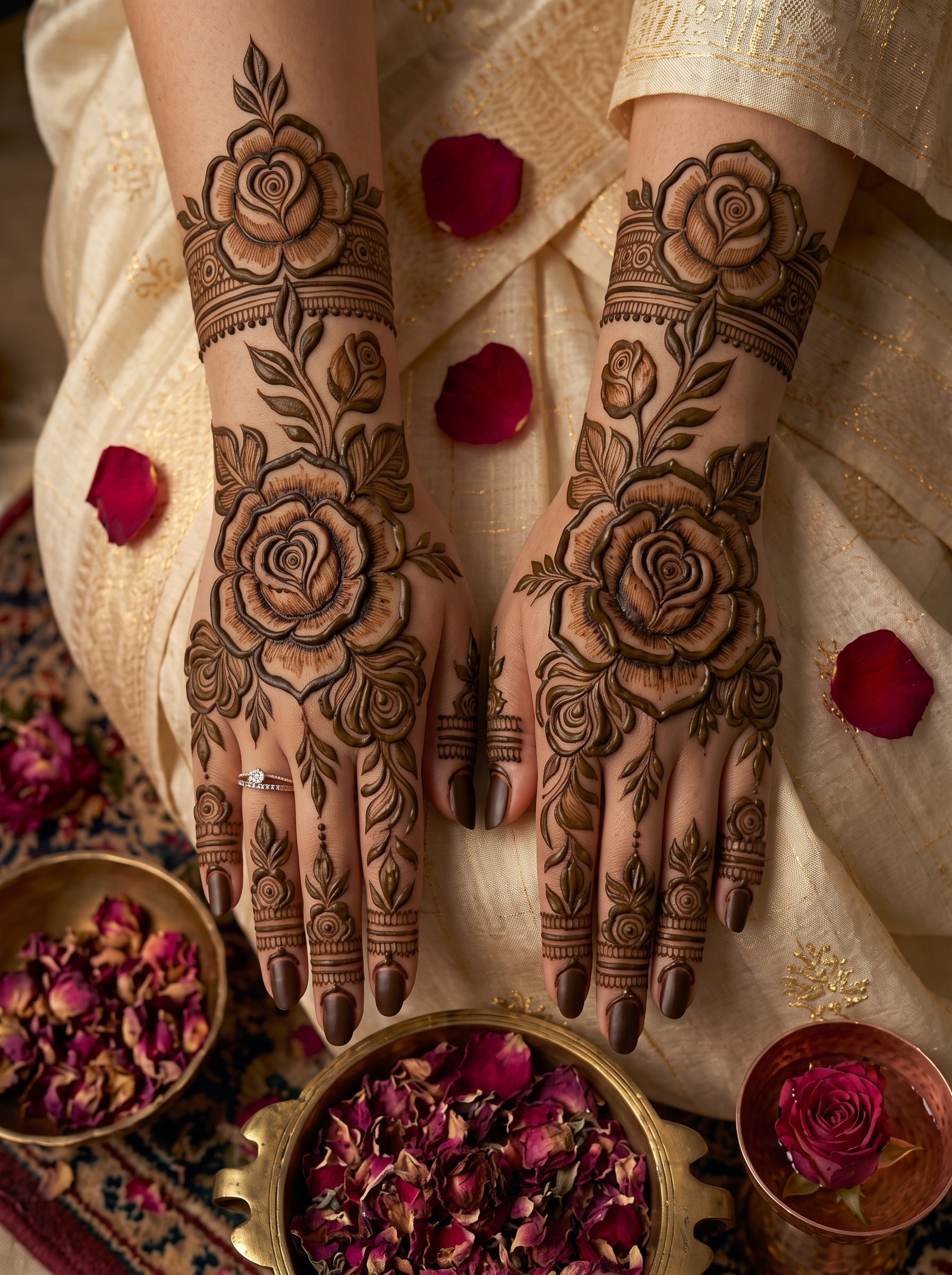 Bridal rose mehndi design covering both hands with large roses, leafy vines, paisley details, decorative wrist bands, and intricate finger patterns.
