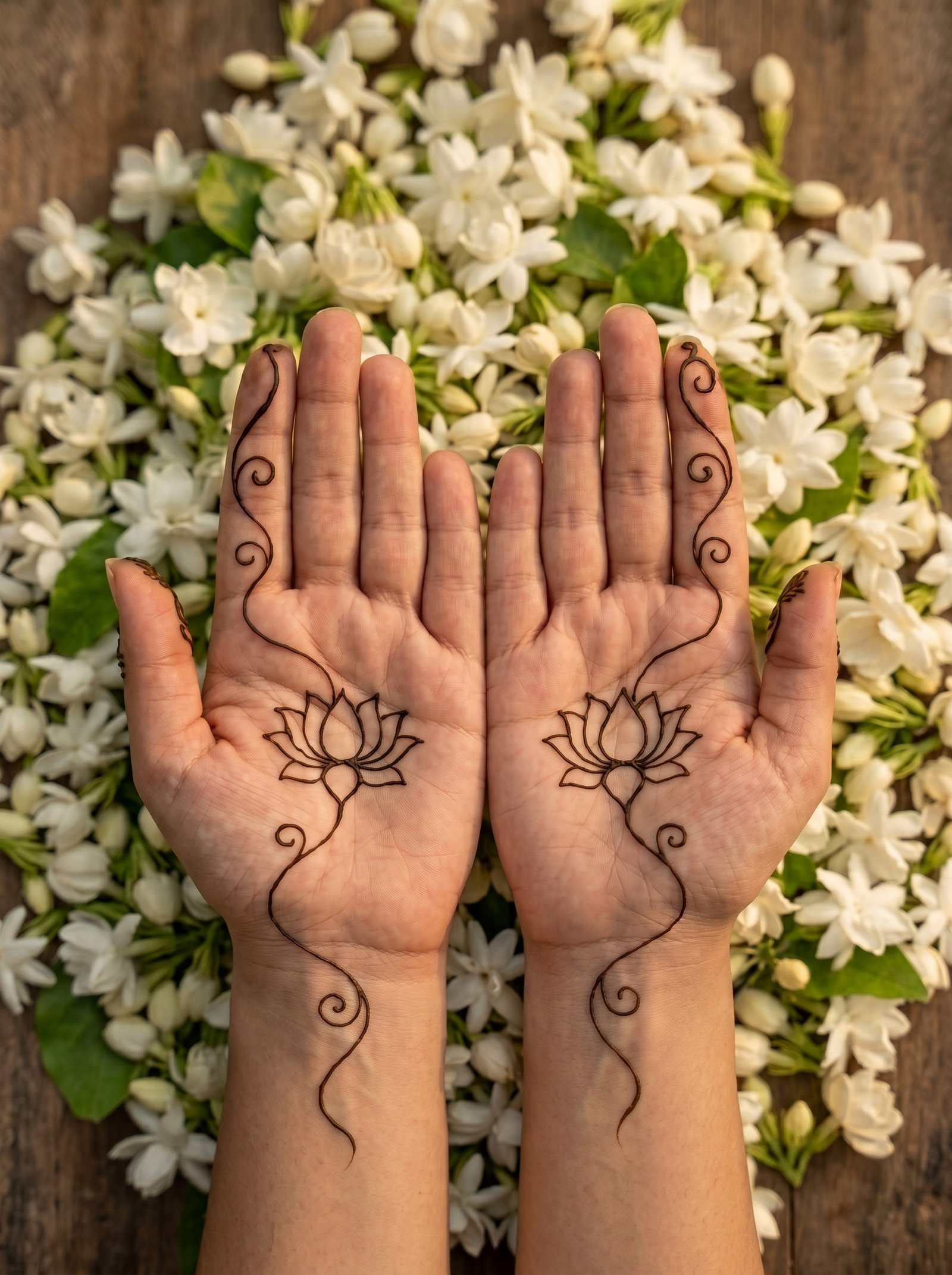 Minimal mehndi design featuring delicate lotus flowers and fine swirling patterns on both palms and fingers.