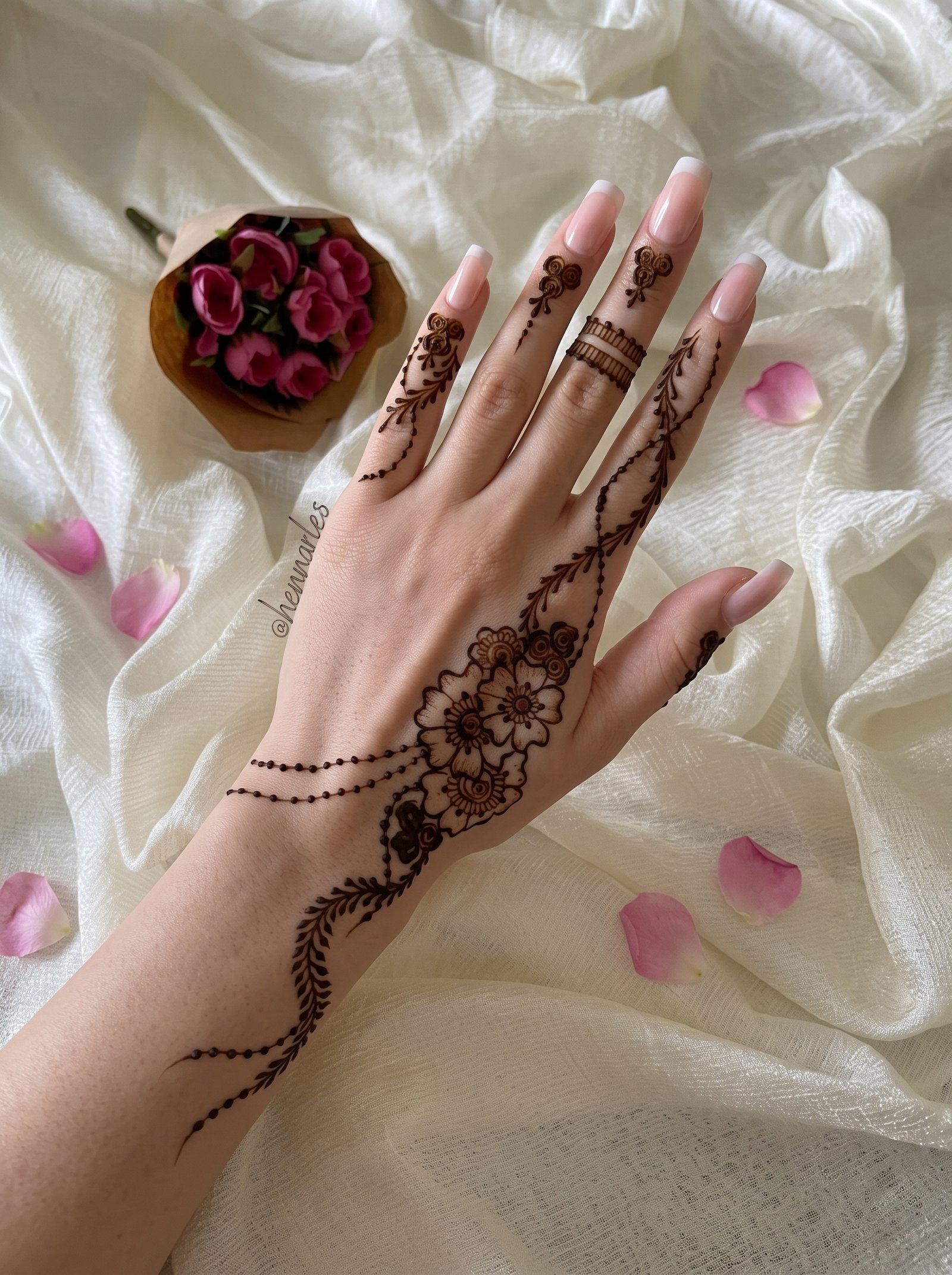Elegant Arabic mehndi design with floral motifs, leafy trails, dotted patterns, and detailed finger decorations.