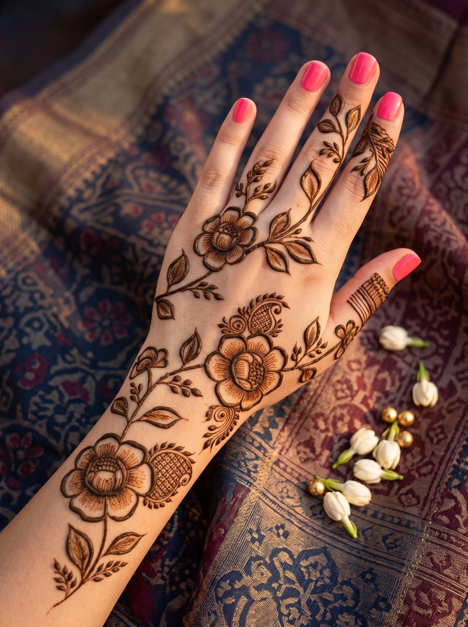 Minimal floral mehndi design featuring large flowers, leafy vines, paisley details, and delicate patterns across the hand and wrist.