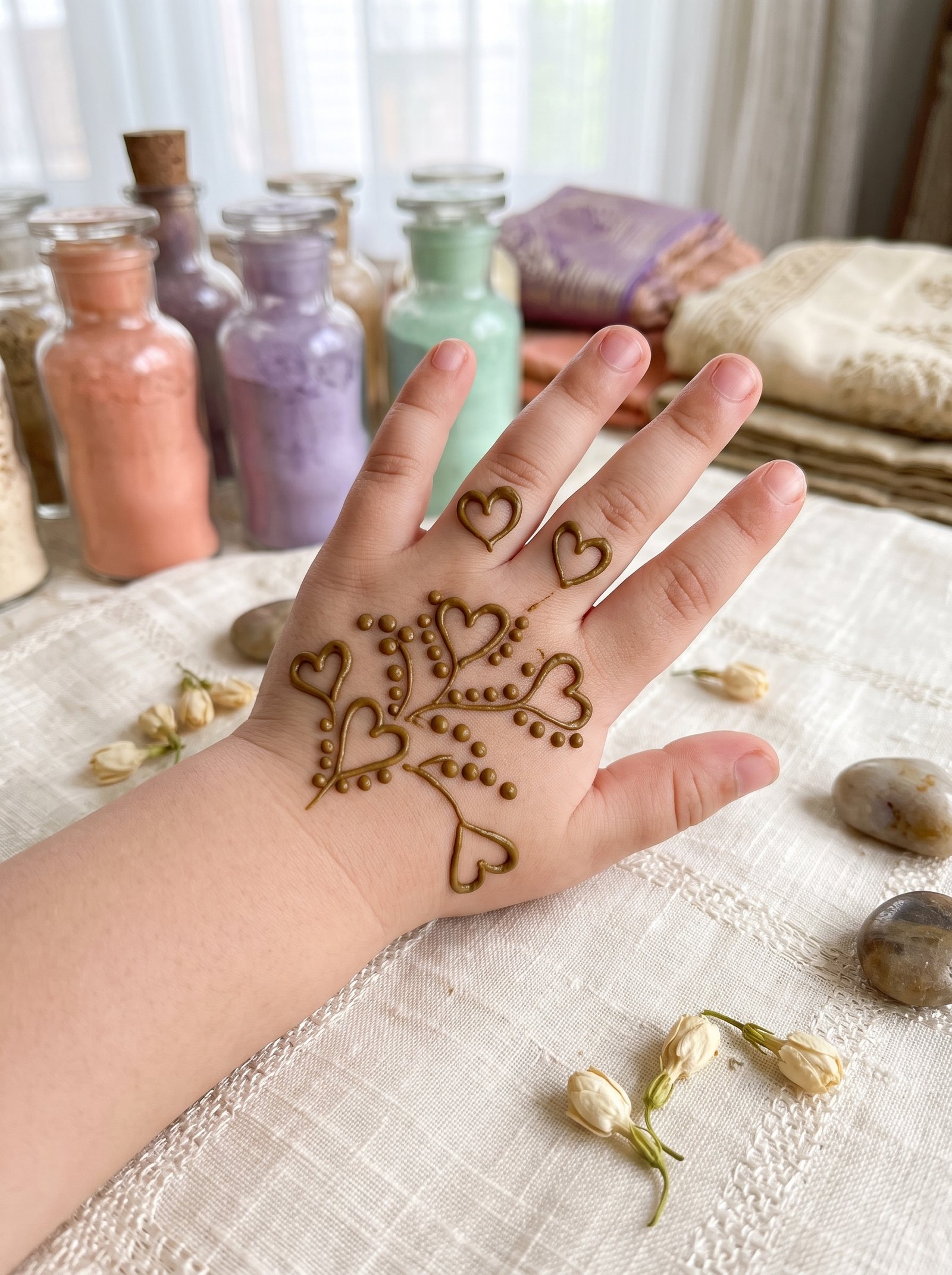 Cute kids mehndi design featuring heart shapes, dotted details, and simple curved patterns on the hand and fingers.