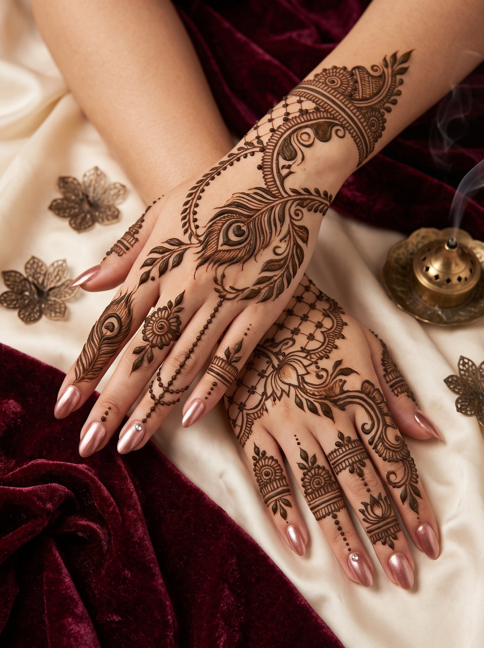 Elegant Arabic mehndi design featuring a detailed peacock feather, floral motifs, leafy vines, and decorative finger patterns on the hands.