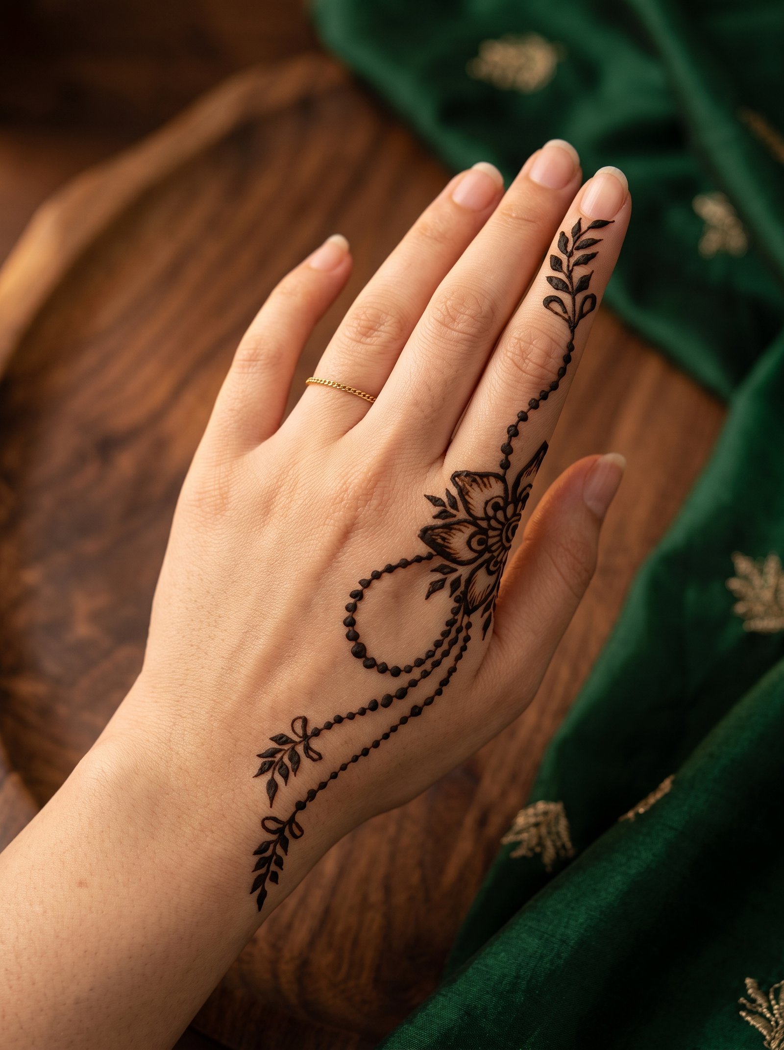 Minimal finger mehndi design featuring floral motifs, leafy details, and elegant dotted patterns extending across the hand and fingers.