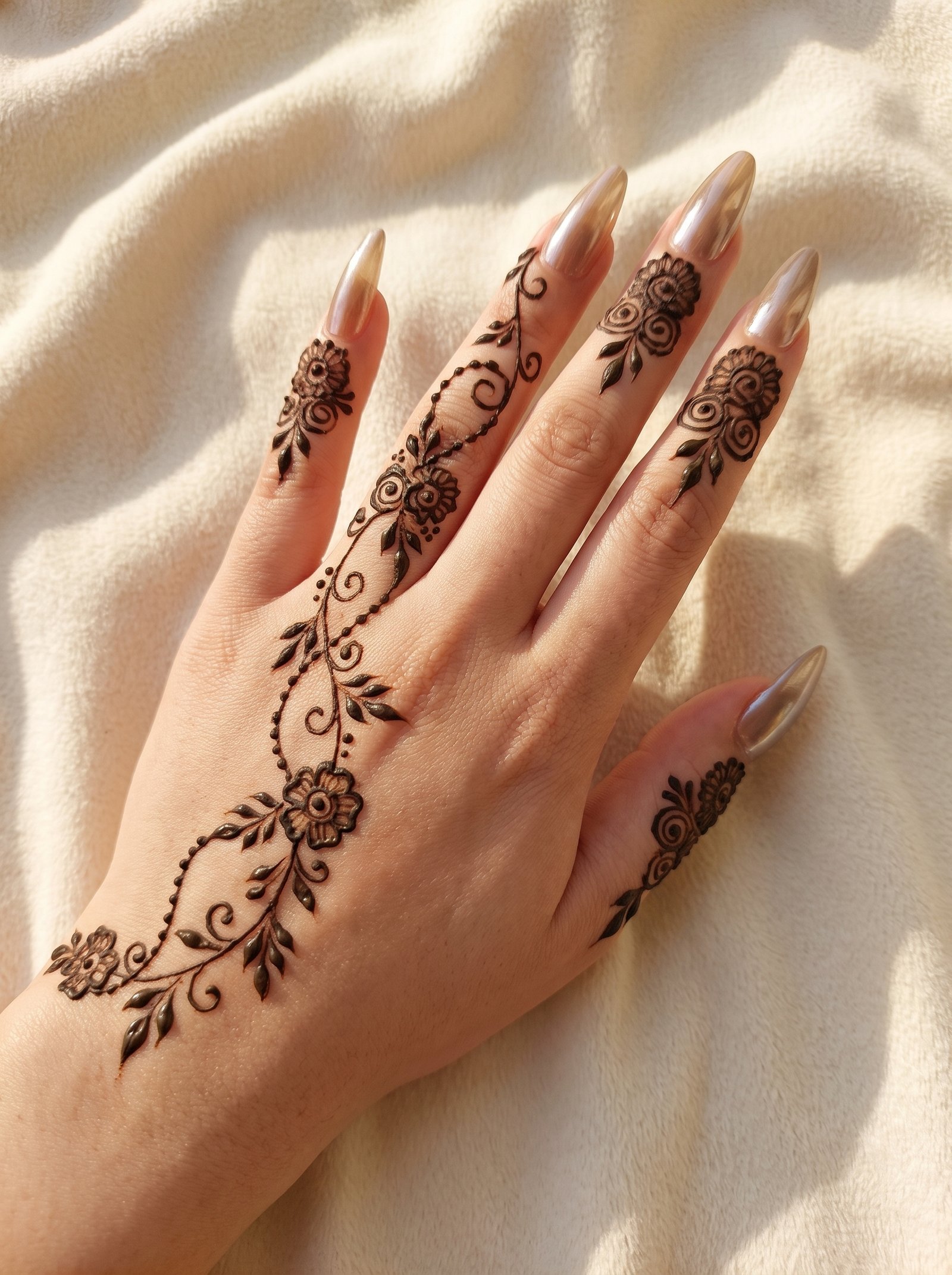Minimal floral mehndi design featuring delicate vines, leaves, and small flowers extending across the fingers and the back of the hand.