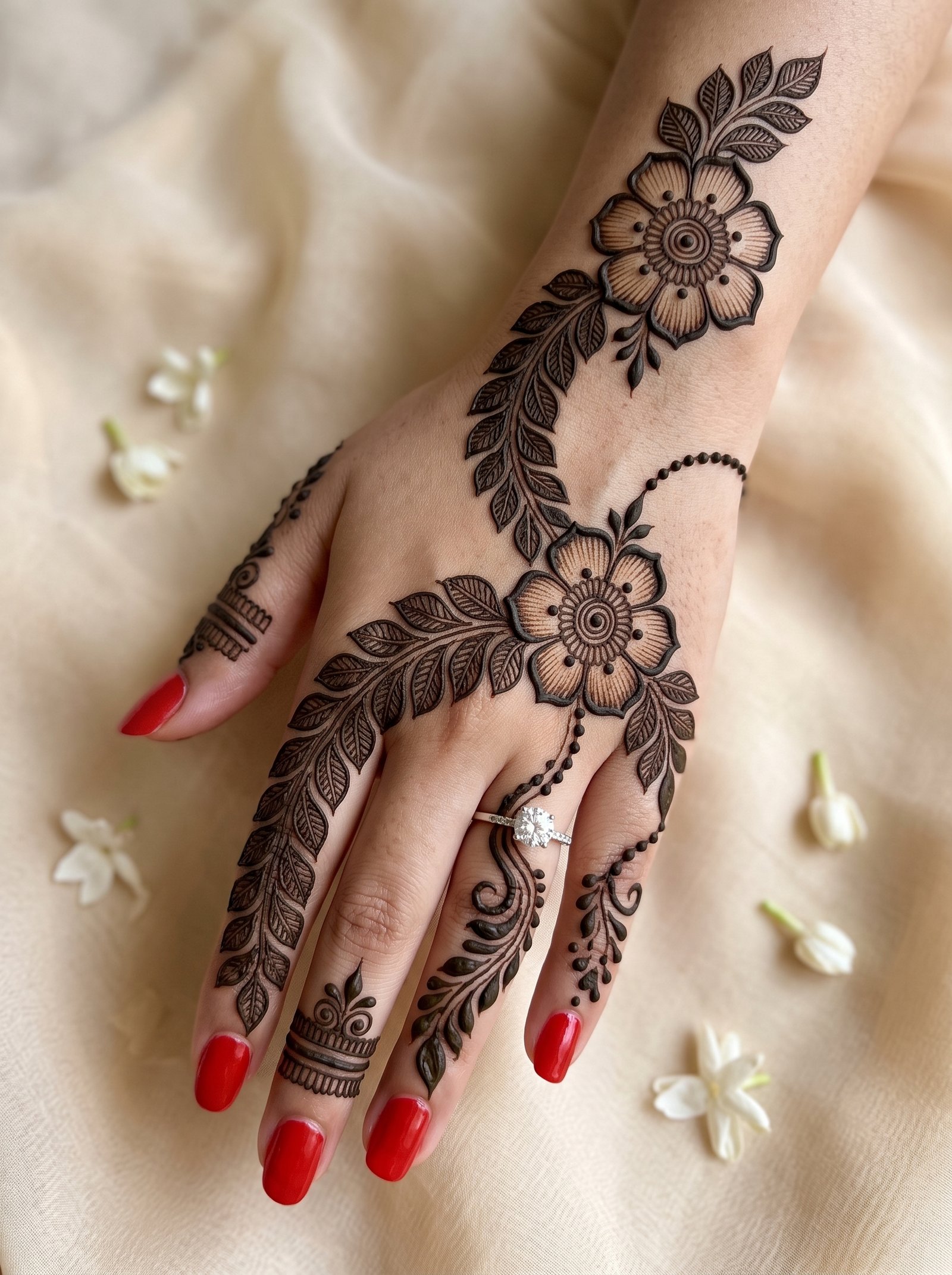 Back Hand Mehndi Design – Elegant Floral Leaf Pattern