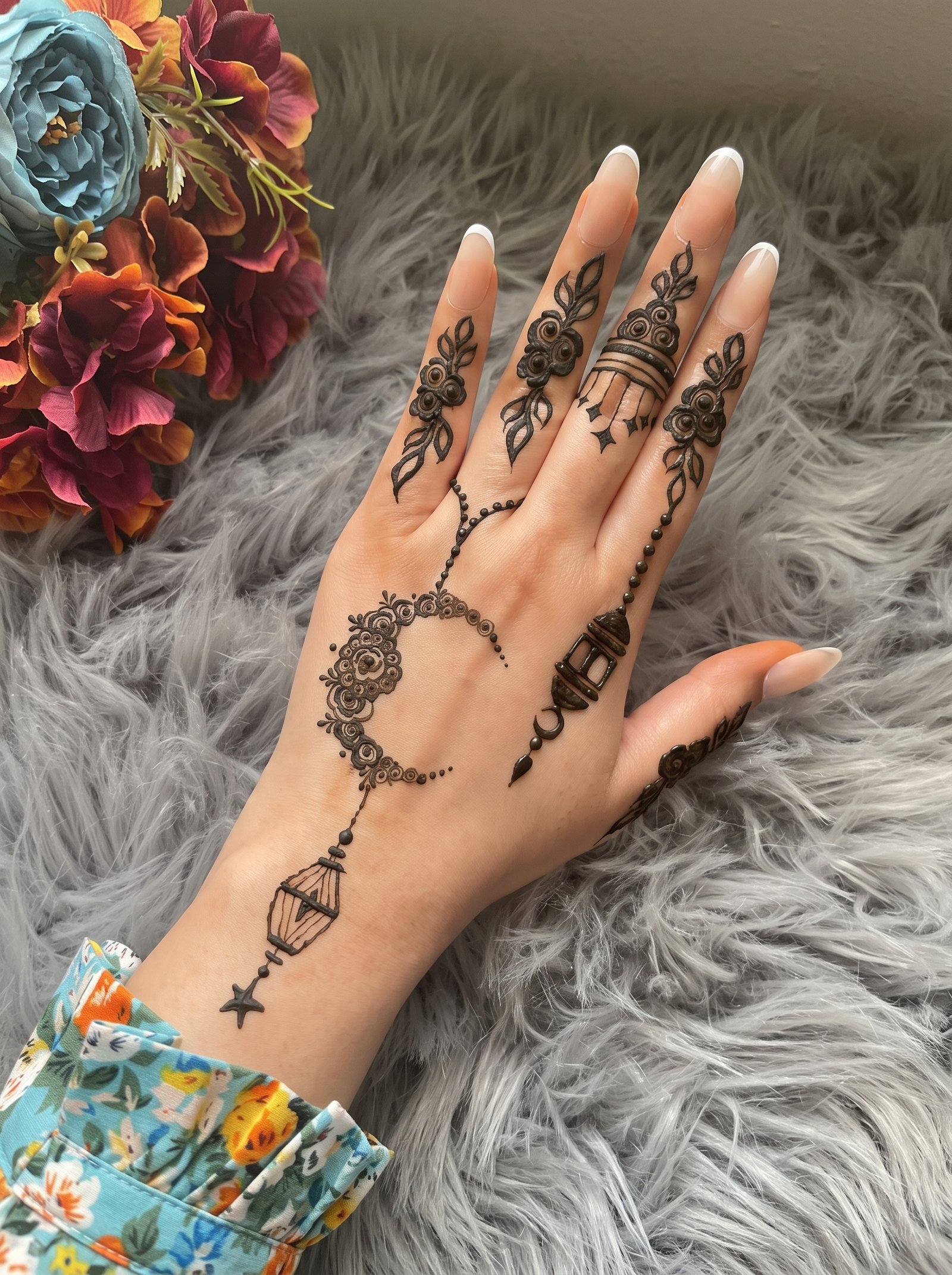 Elegant Eid mehndi design featuring floral motifs, leafy vines, jewelry-inspired chains, hanging ornaments, and detailed finger patterns on the hand.