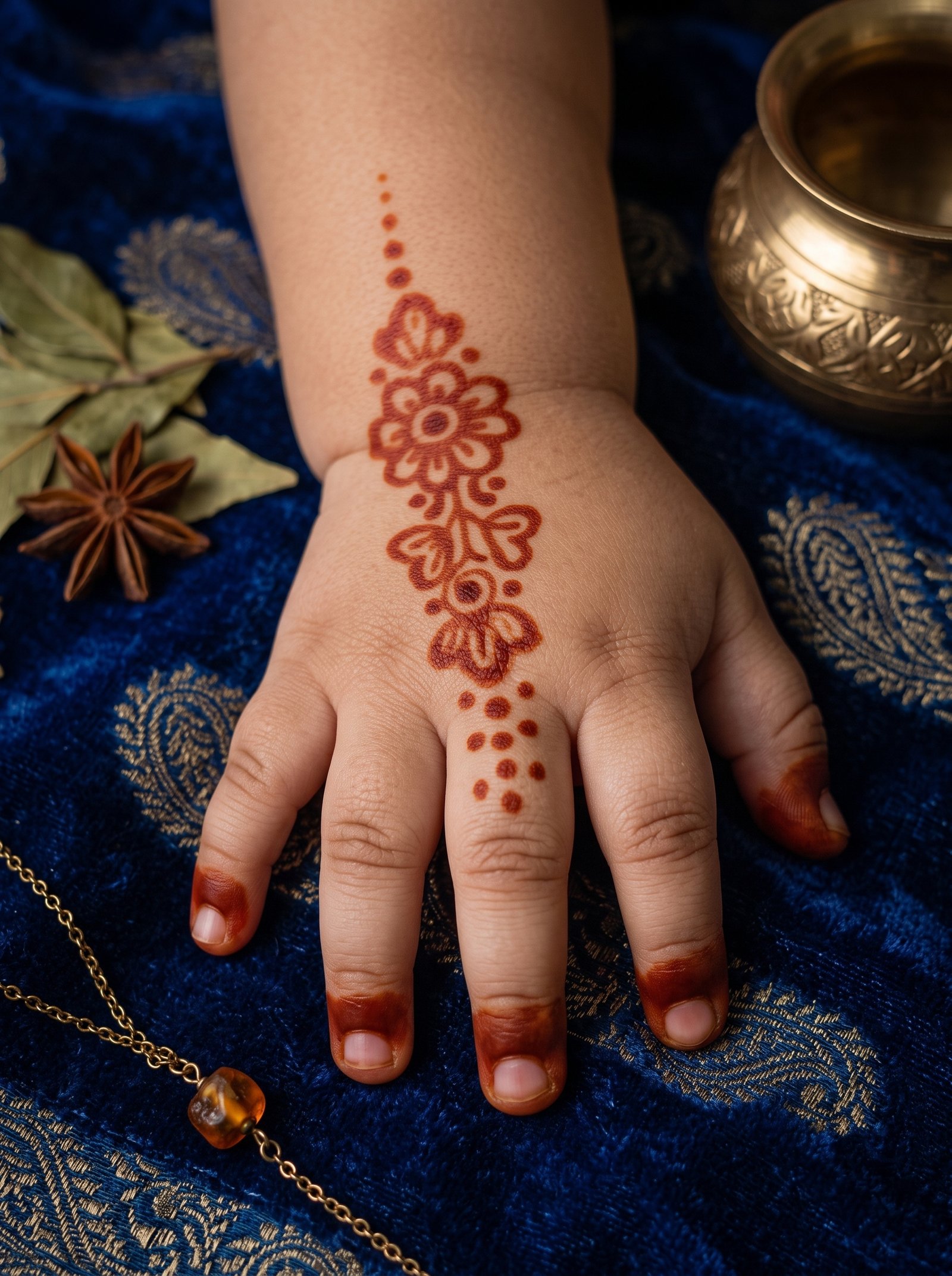 Cute baby mehndi design with a simple floral pattern on the wrist and decorated fingertips