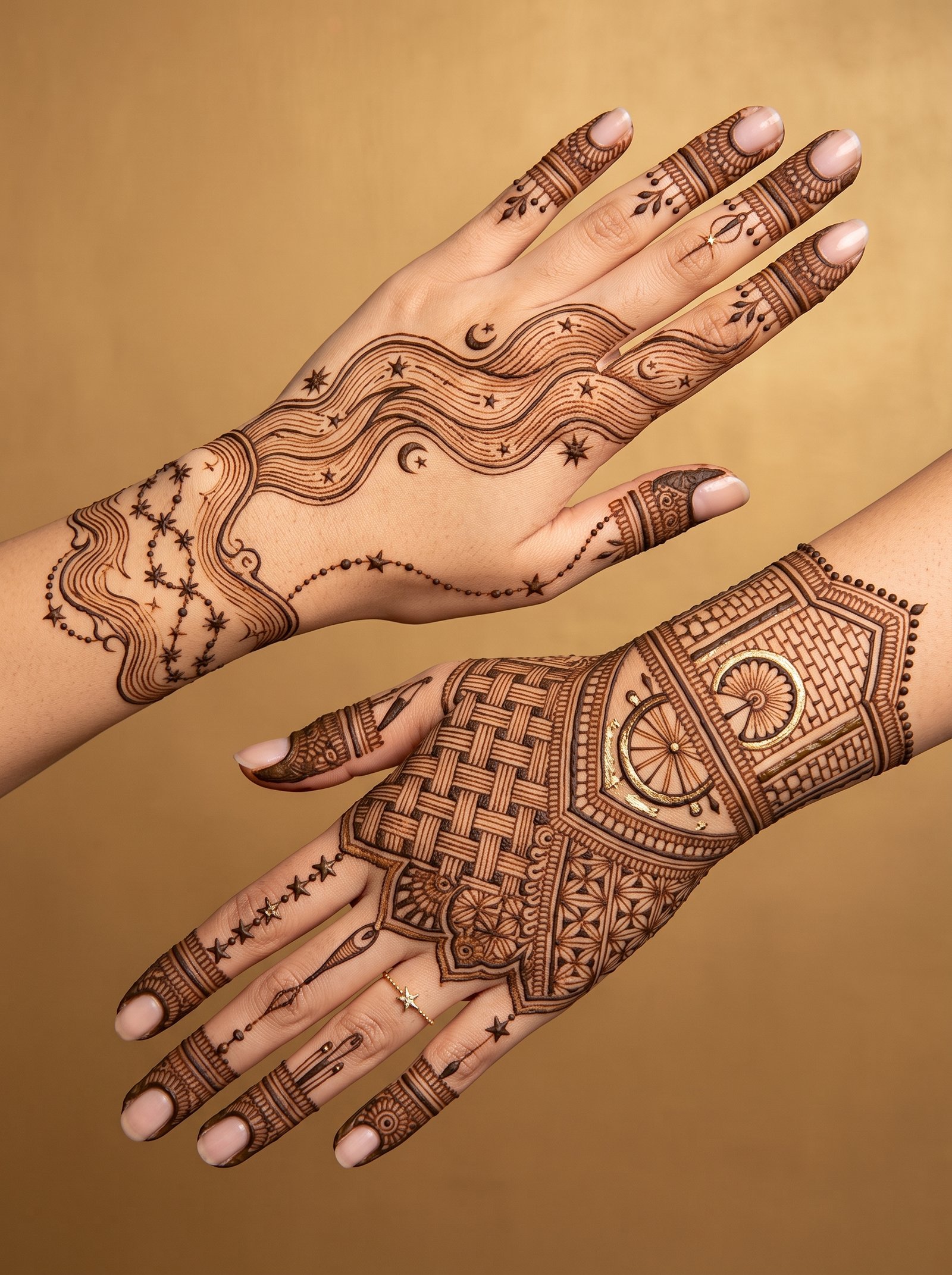 Bridal mehndi design featuring intricate geometric patterns, floral motifs, stars, crescent moons, and detailed wrist bands on both hands.