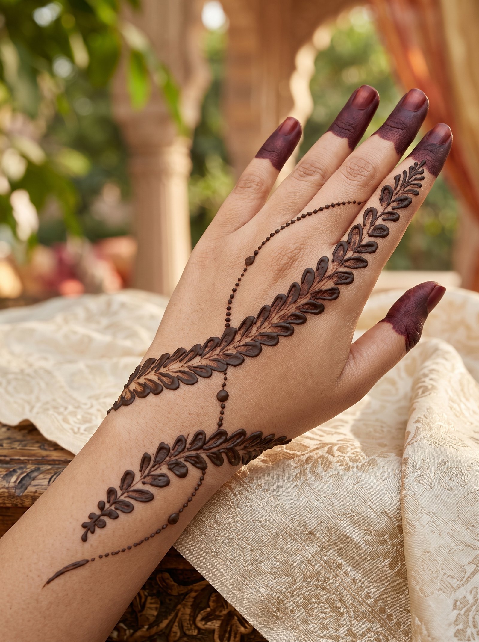 Elegant finger mehndi design with leafy vines, dotted accents, and bold henna-covered fingertips
