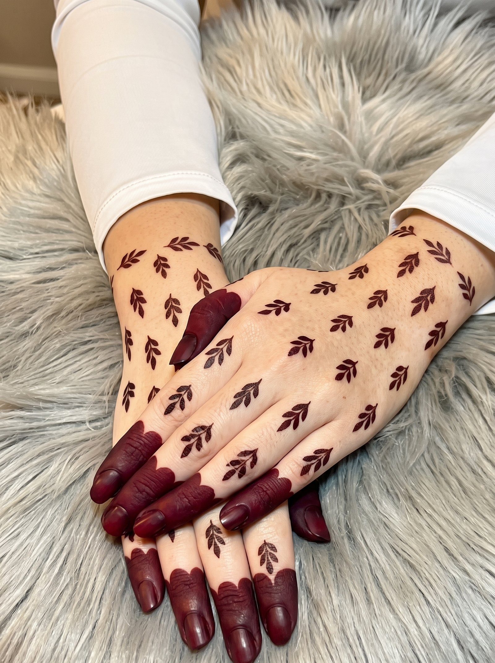 Decent mehndi design with repeated leafy motifs and dark henna-covered fingertips on both hands