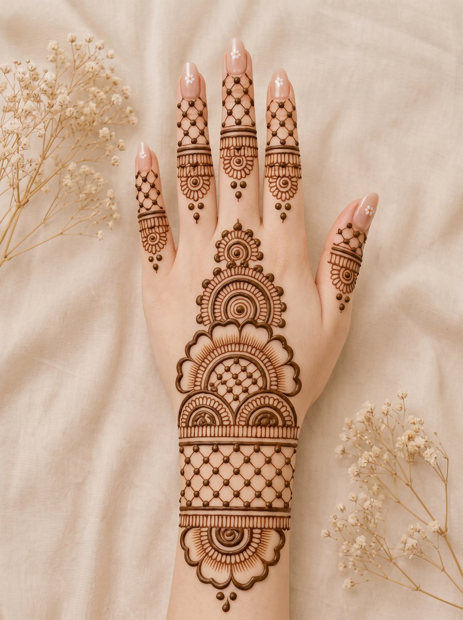 Elegant minimalist mehndi henna design on the back of a hand