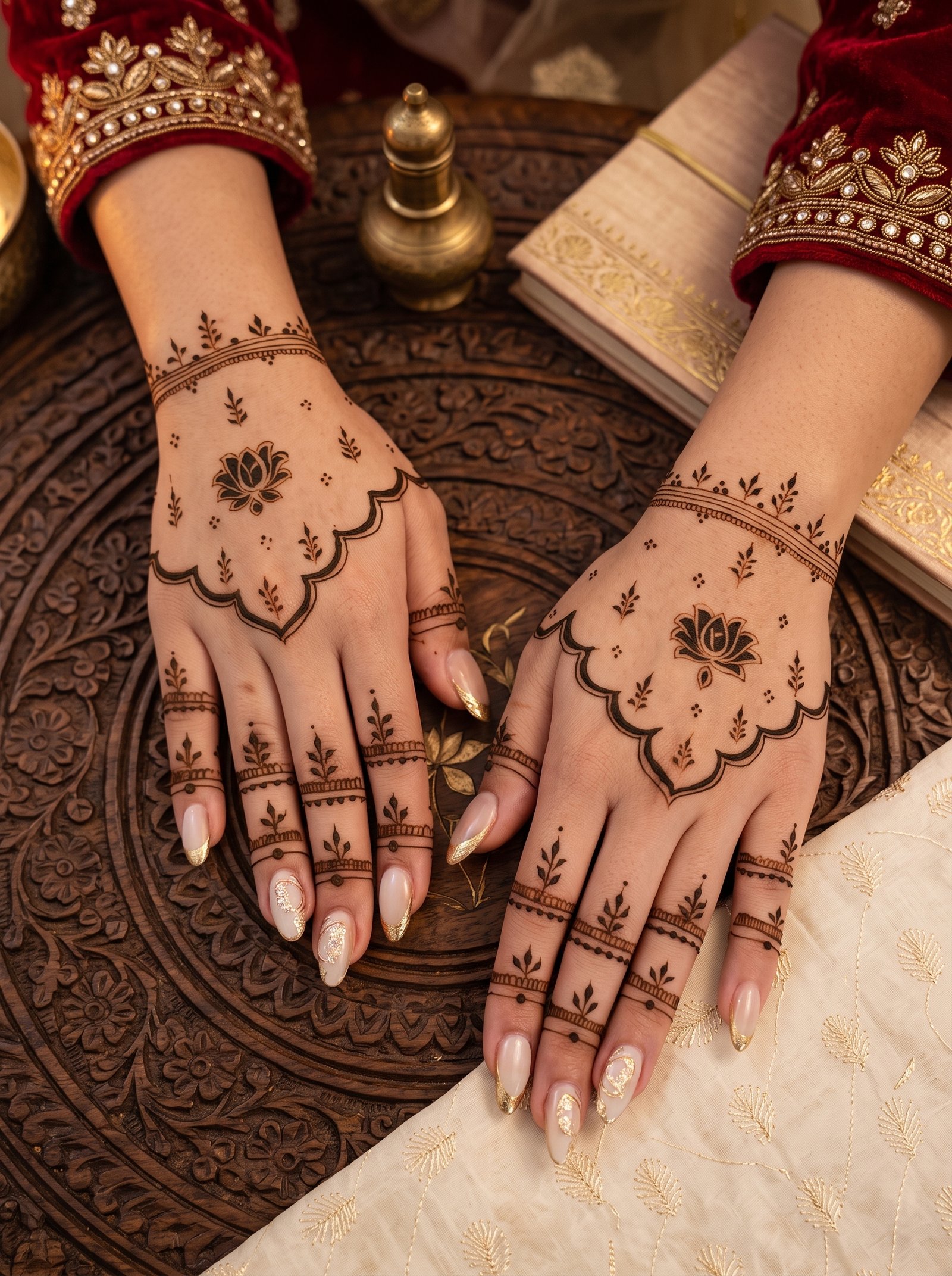 Elegant back hand mehndi design featuring lotus motifs, leafy sprigs, scalloped borders, and delicate patterns on both hands.