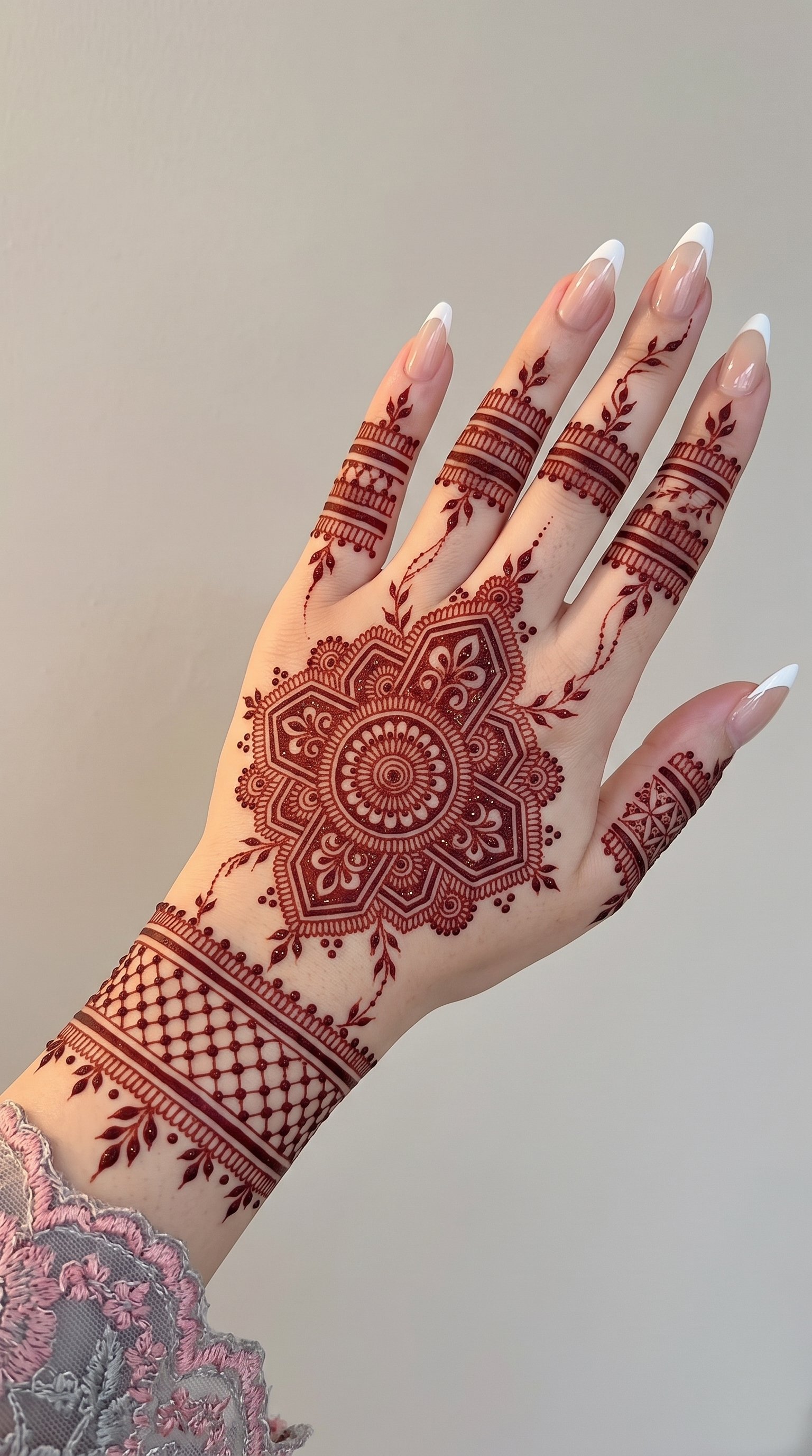 Arabic mehndi design featuring a large floral mandala, intricate finger patterns, leafy details, and a geometric wrist band.