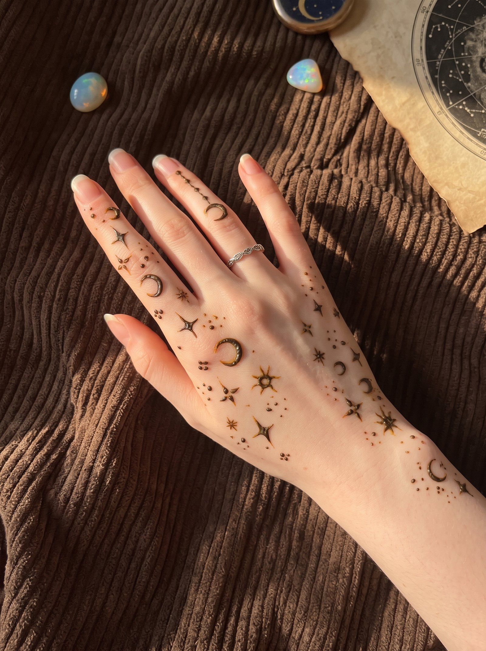 Elegant Eid mehndi design with crescent moons, stars, and delicate dots on the hand and fingers.