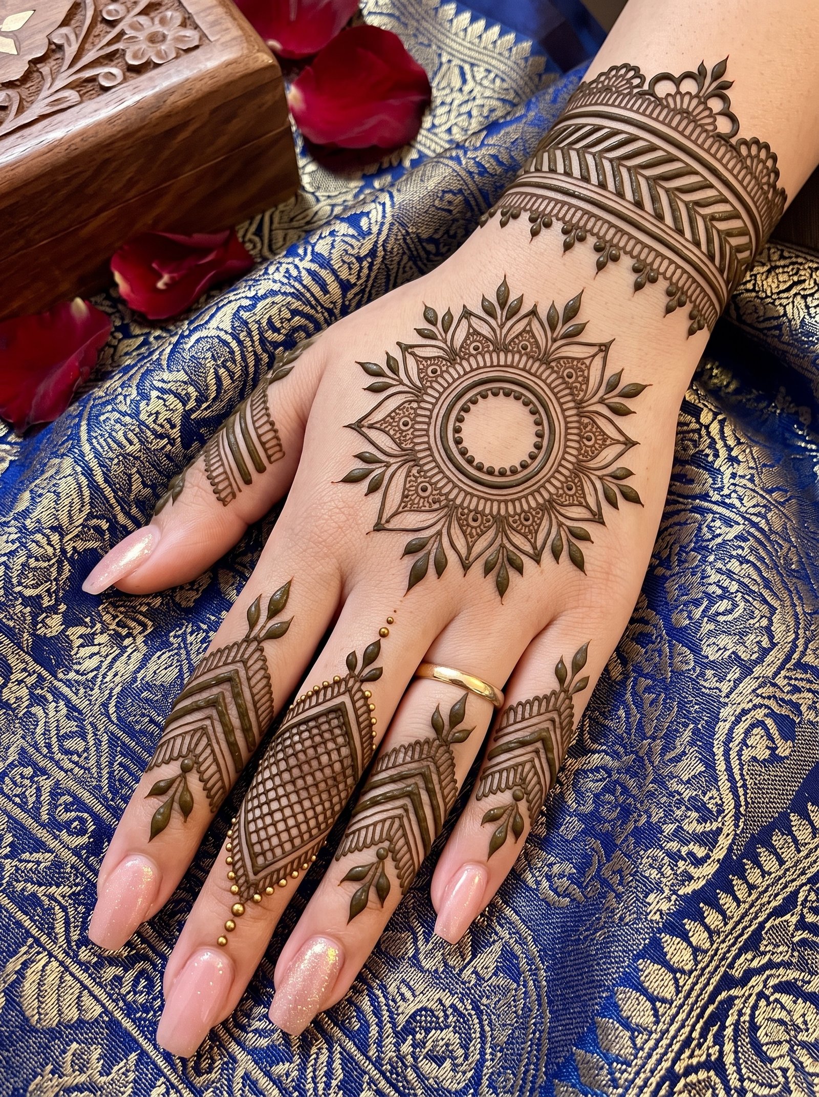 Indian mehndi design with a detailed mandala, leafy motifs, geometric finger patterns, and decorative wrist bands.