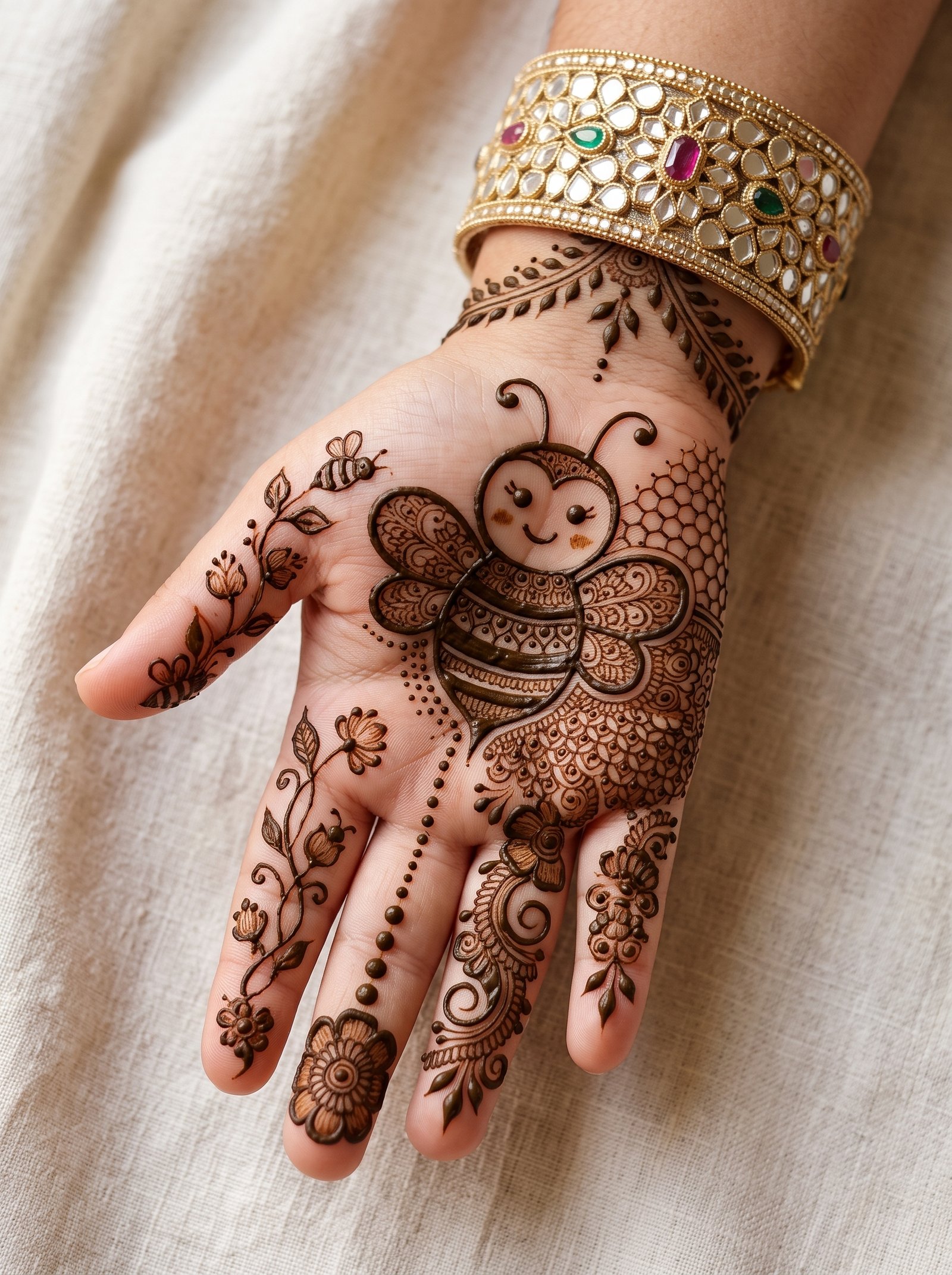 Cute kids mehndi design featuring a decorative bee, flowers, leafy vines, and paisley patterns on the palm.