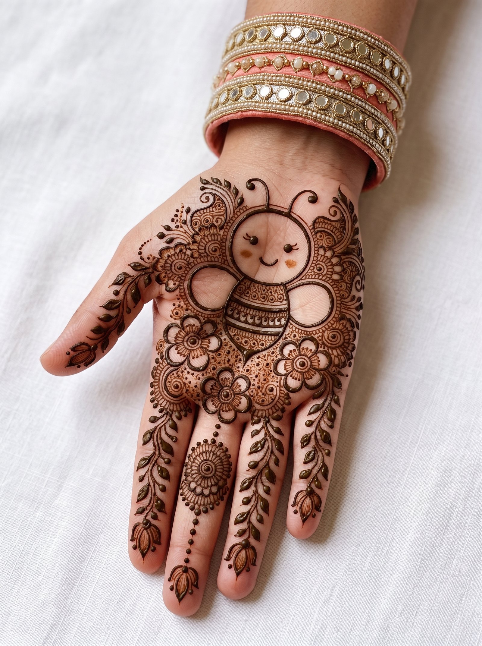 Cute kids mehndi design with a smiling doll, flowers, paisley patterns, and leafy details on the palm