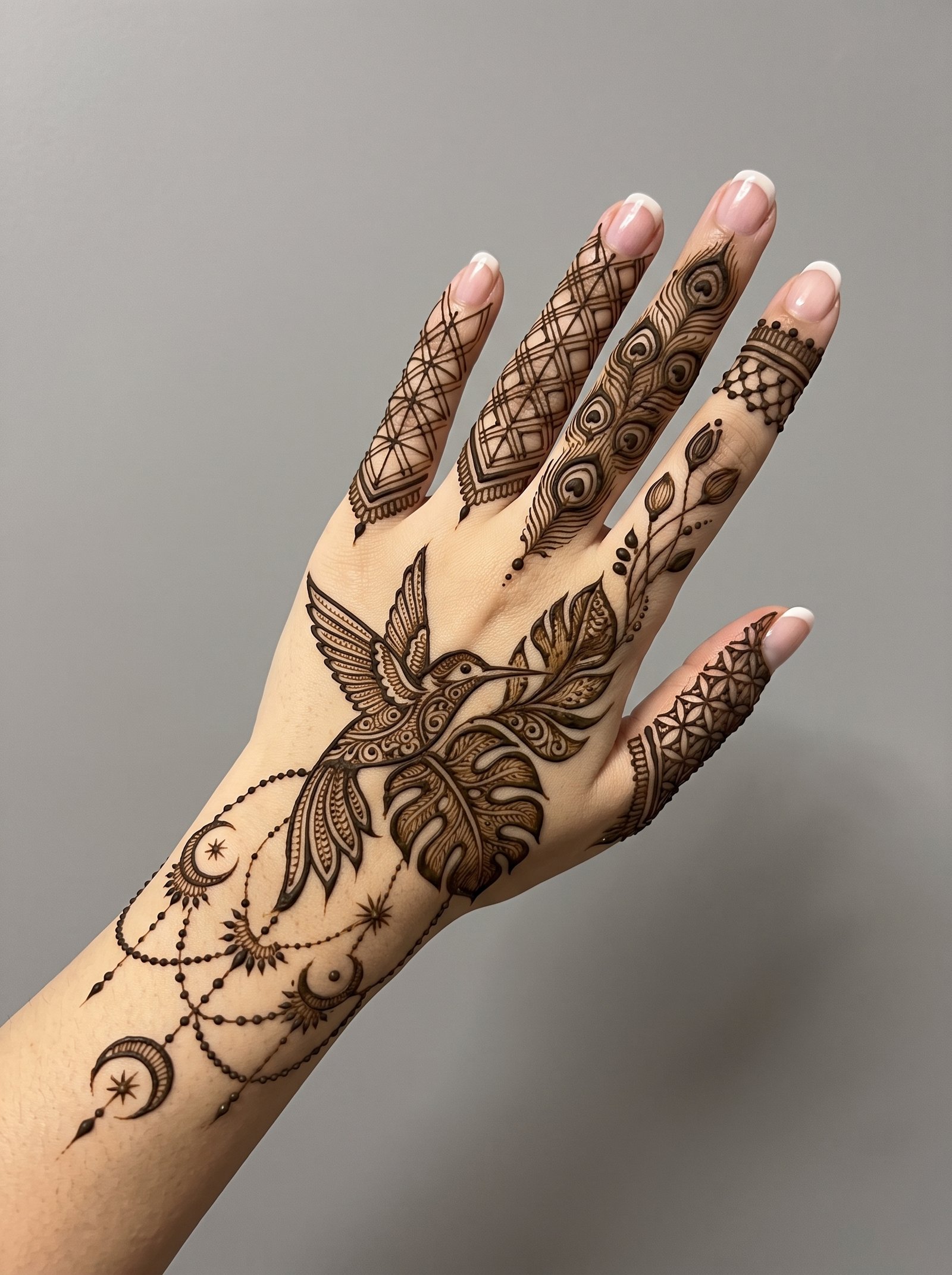 Elegant back hand mehndi design featuring a detailed peacock, paisley motifs, leafy patterns, and decorative finger designs