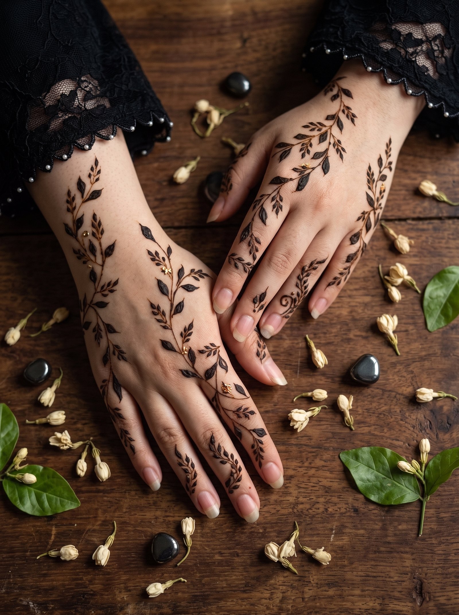 Minimal mehndi design with a delicate floral vine, leafy details, bold fingertips, and a simple wrist border