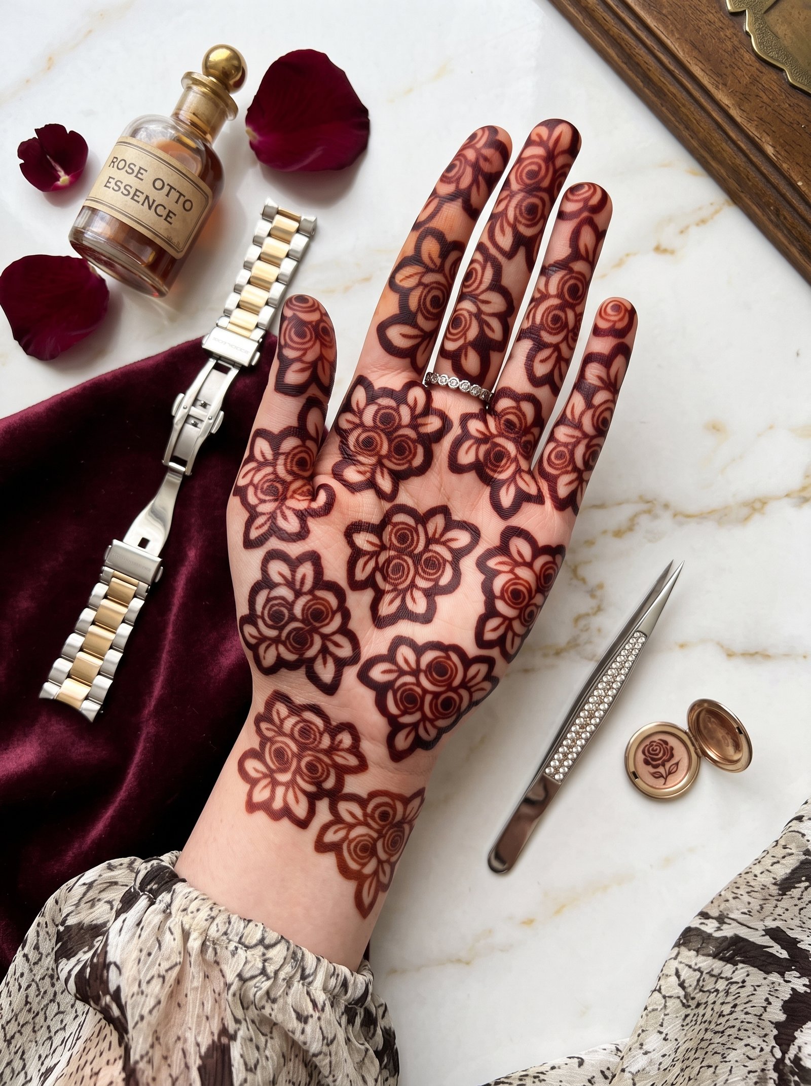 Rose floral henna mehndi design on a woman's hand