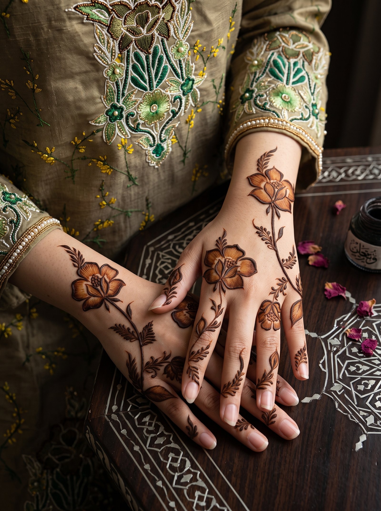 Beautiful Pakistani mehndi design with floral motifs, leafy vines, and delicate patterns on both hands.