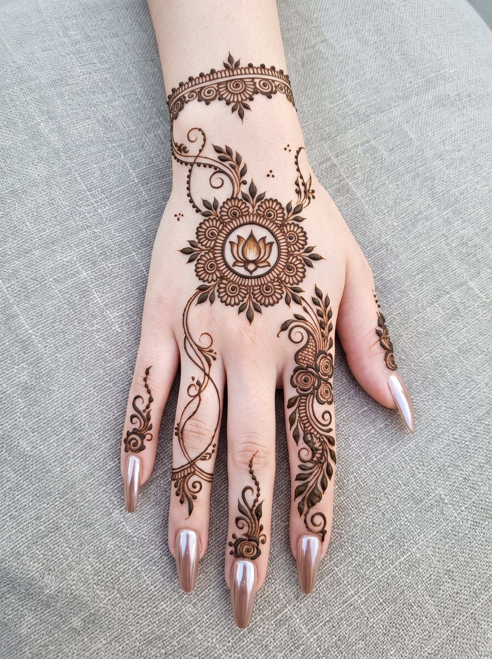 Simple mehndi design with a floral mandala, lotus motif, leafy vines, and delicate patterns on the back of the hand and fingers.
