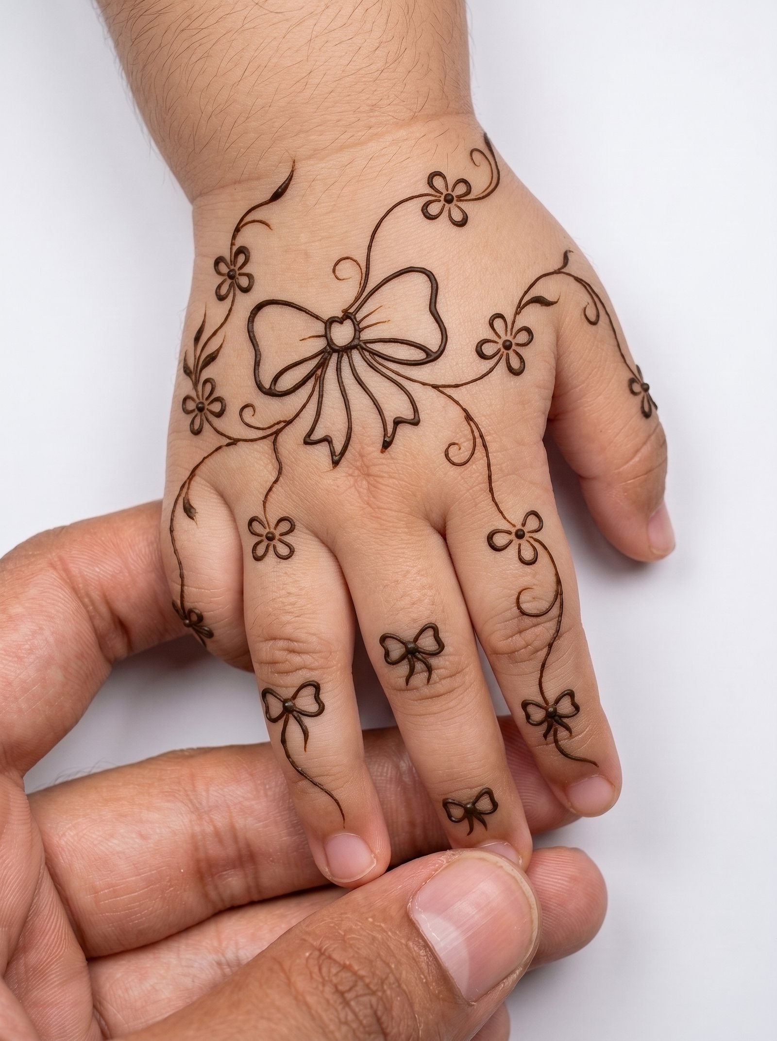 Cute baby mehndi design with simple floral and leafy patterns for little hands.