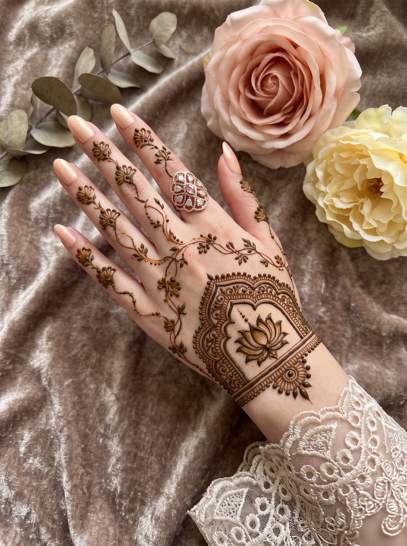 An elegant mehndi design featuring a lotus motif, floral vines, intricate finger details, and a decorative wrist pattern.