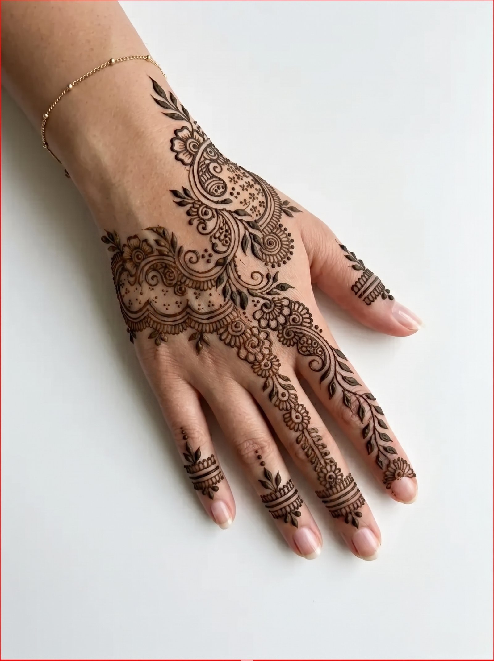 Elegant Arabic mehndi design with floral, paisley, leafy vine, and finger band patterns on the back of the hand.