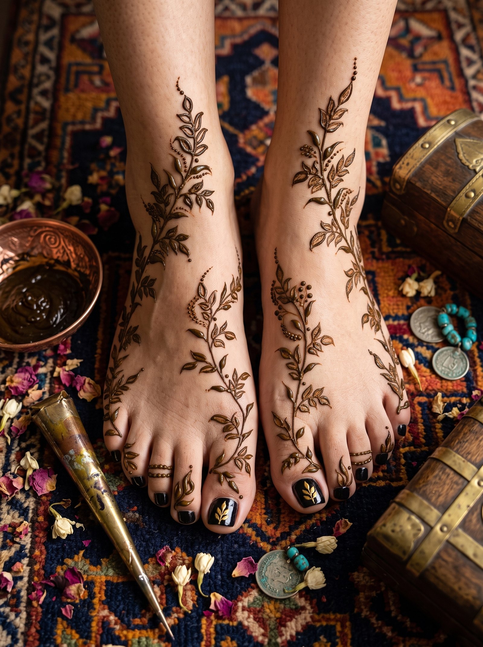 Elegant feet mehndi design featuring delicate leafy vines, dotted details, and graceful henna patterns across the ankles, feet, and toes.