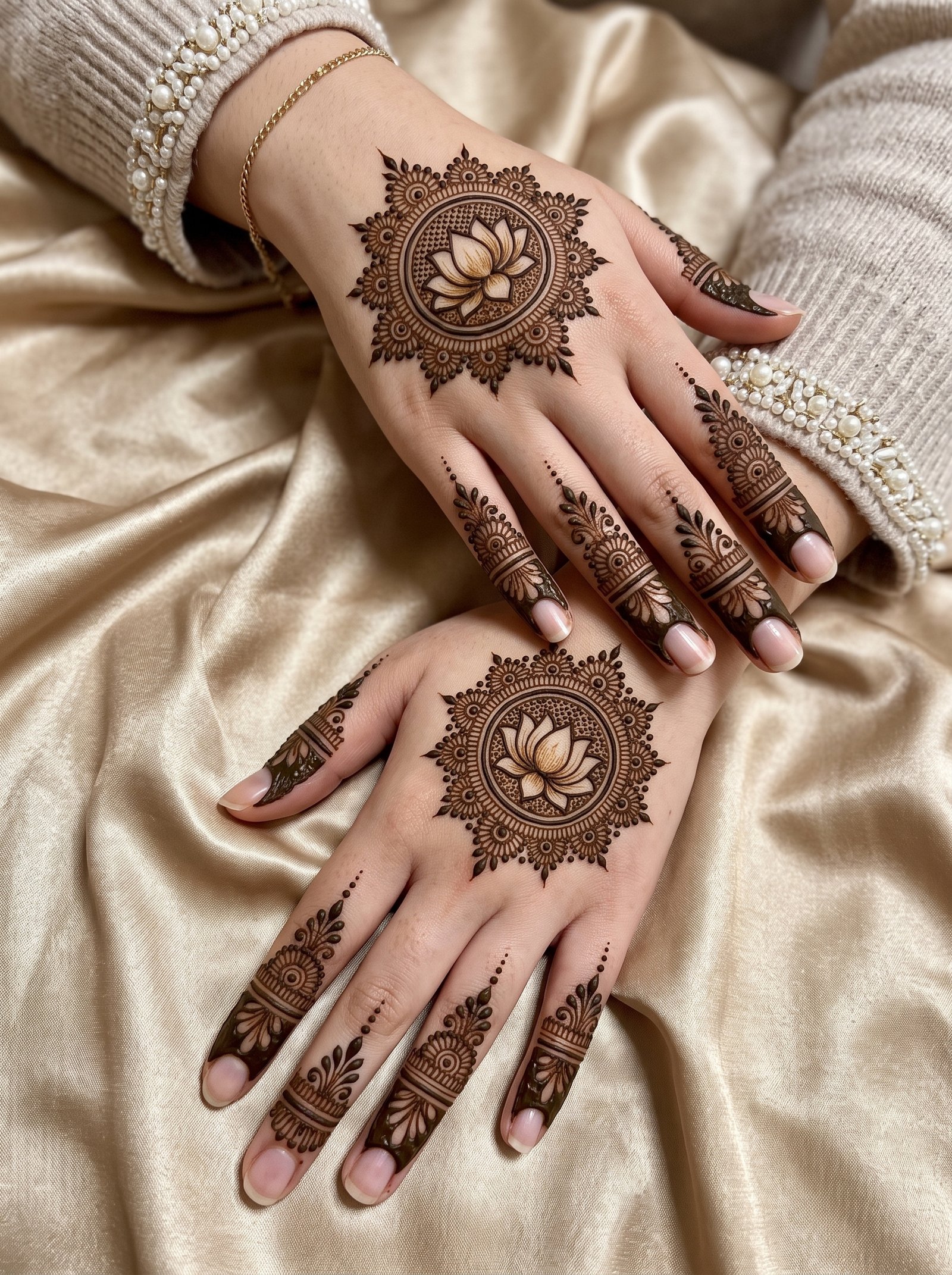 Elegant Arabic mehndi design featuring lotus flower motifs, floral patterns, leafy details, and decorative finger bands on both hands.