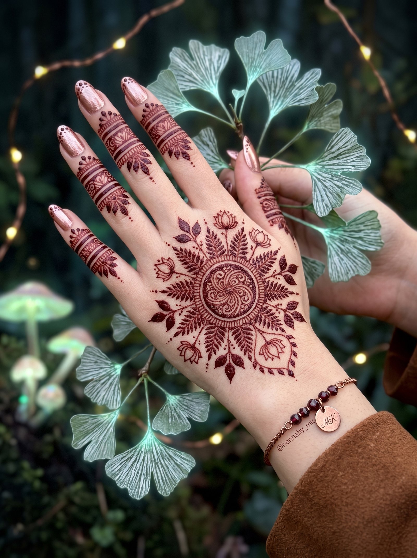 Indian mehndi design featuring a circular floral mandala, leafy patterns, and decorative finger bands on the back of the hand.
