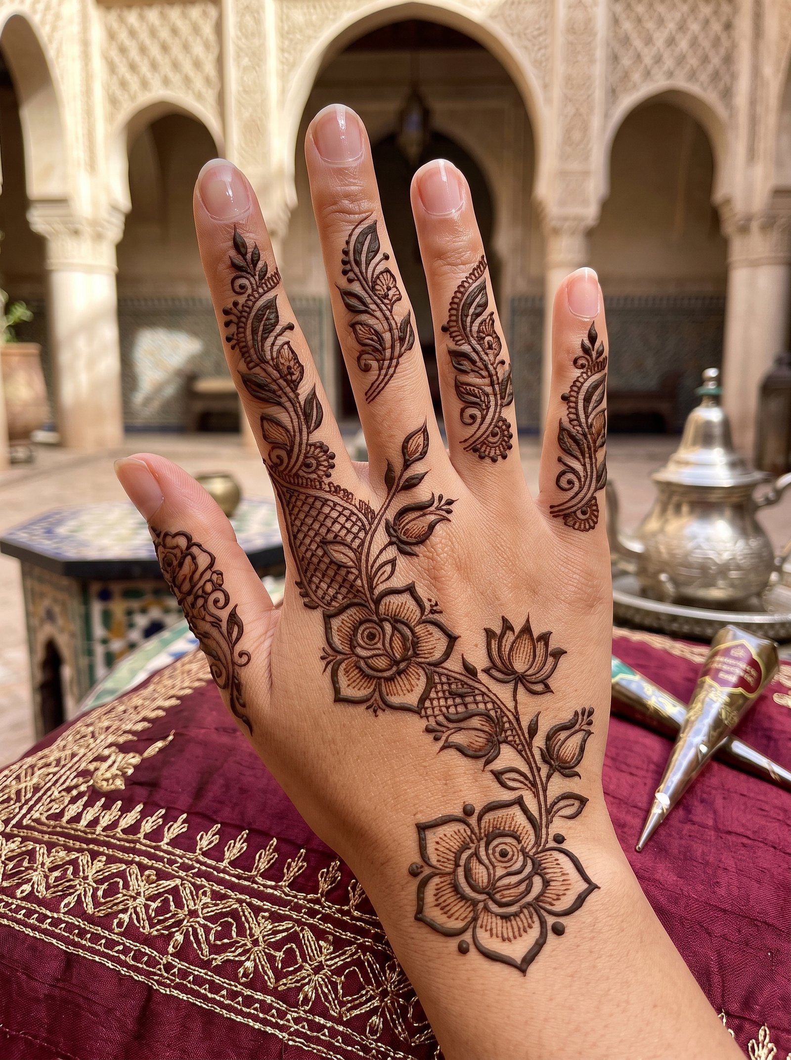 Elegant decent mehndi design featuring floral flowers, leafy vines, paisley motifs, and detailed finger patterns on the back hand.