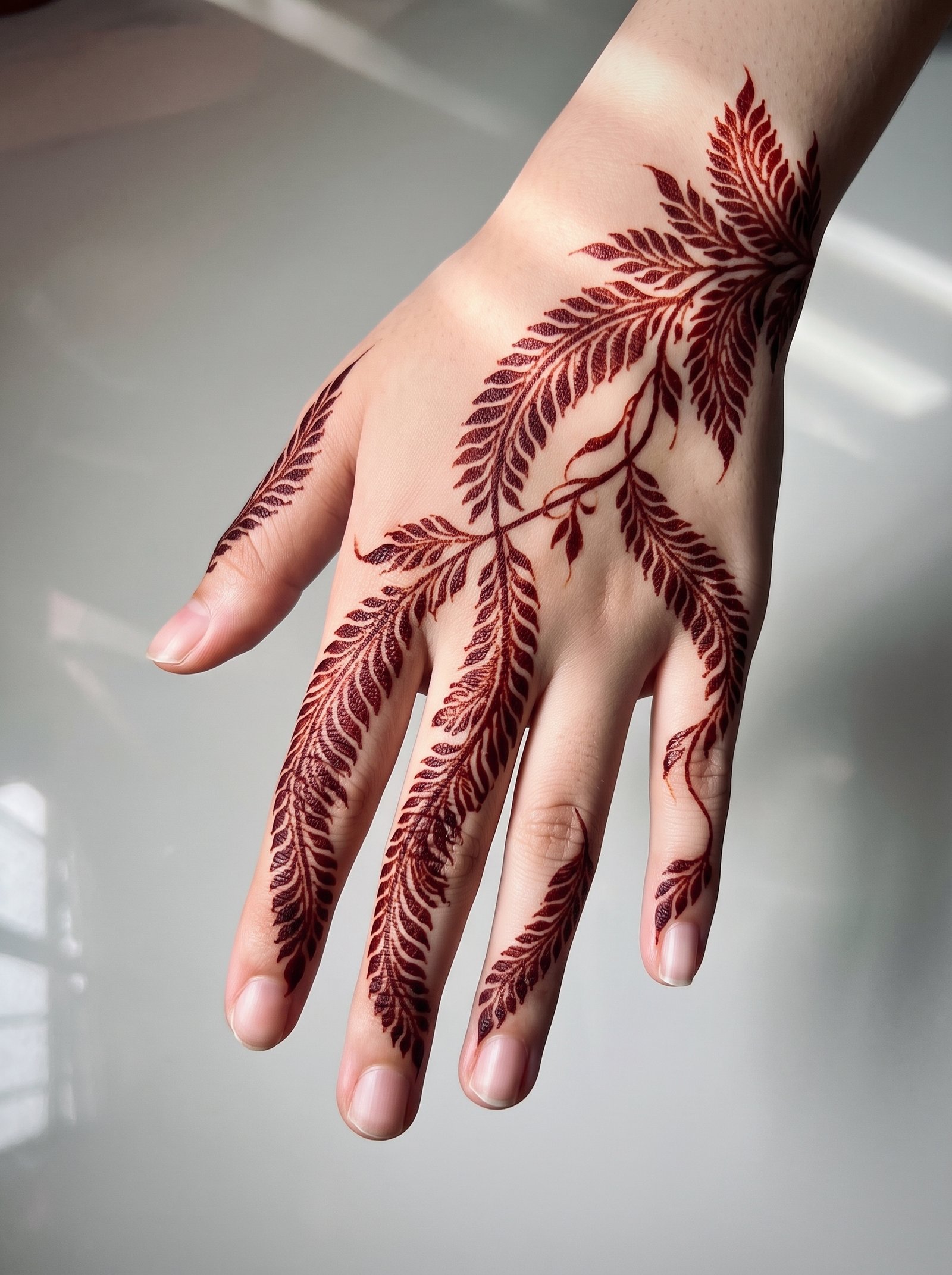 Elegant finger mehndi design featuring delicate leafy vines extending across the fingers and back of the hand.