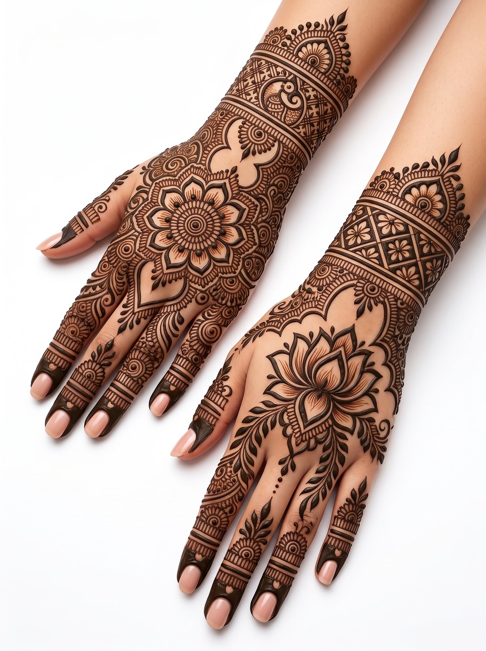 Bridal mehndi design with intricate floral, mandala, leafy vine, and detailed henna patterns covering both hands.