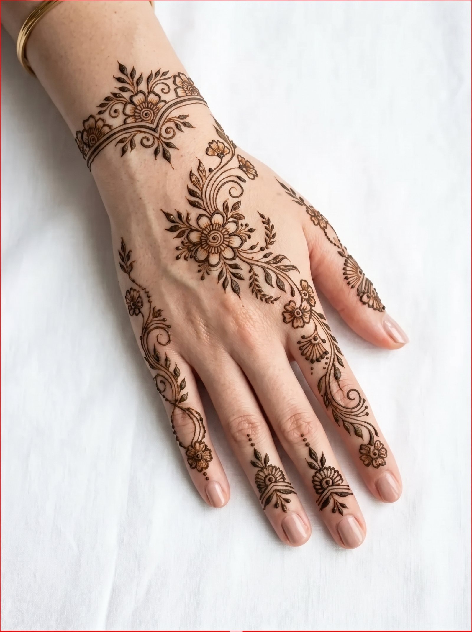 Minimal mehndi design featuring delicate floral motifs, leafy vines, and elegant patterns on the back of the hand and fingers.
