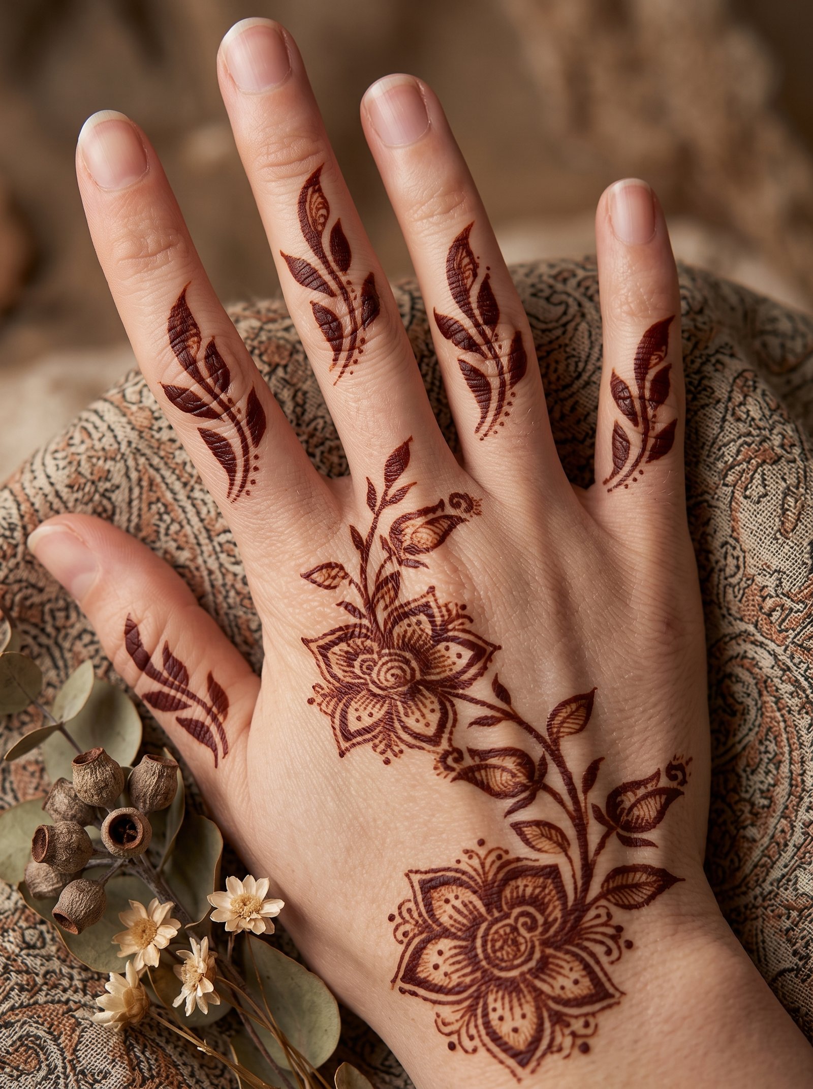 A decent mehndi design featuring elegant flowers, leafy vines, and simple finger patterns arranged across the back of the hand.