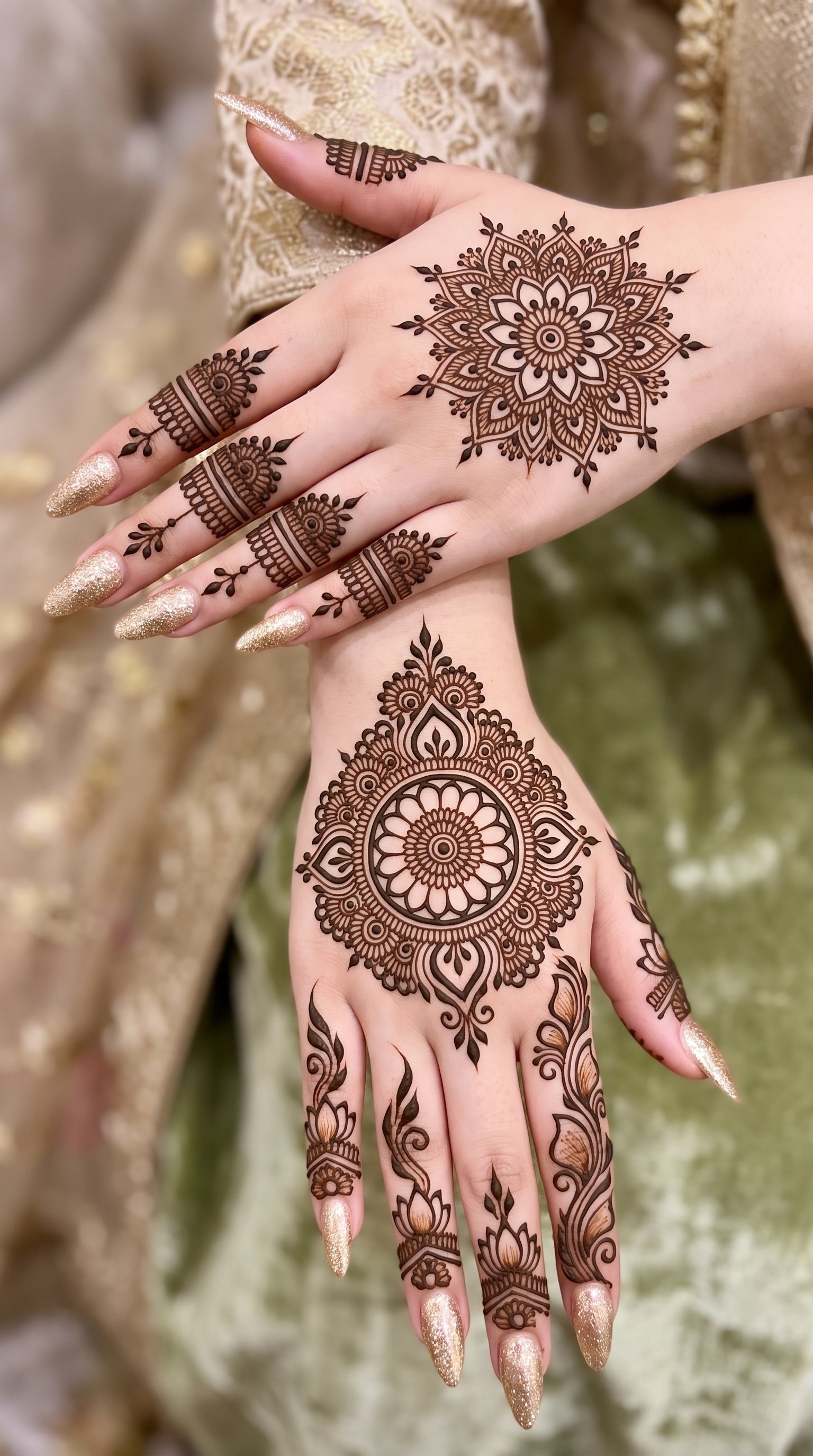 Beautiful Arabic mehndi design featuring detailed mandala patterns, floral elements, finger bands, and elegant leafy motifs on both hands.