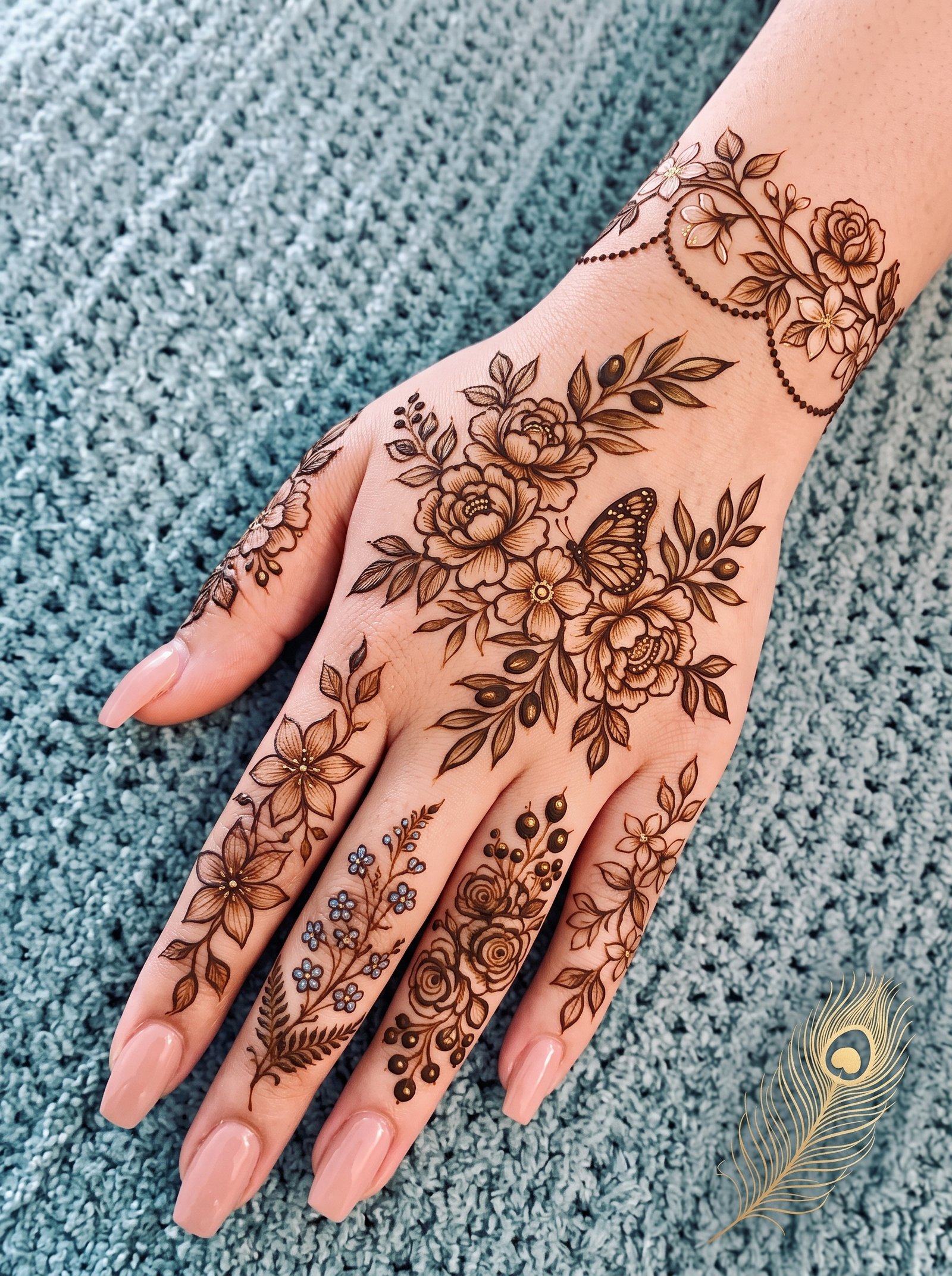 Elegant Indian mehndi design with floral patterns, roses, leafy vines, and a butterfly on the back of the hand