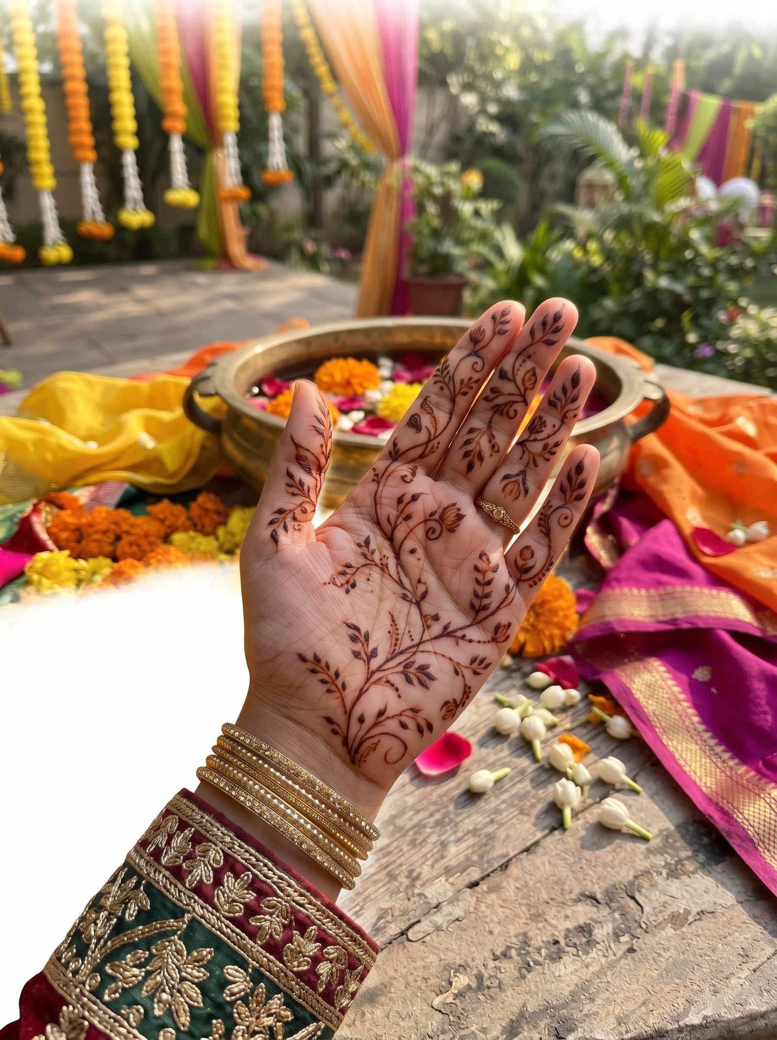 Elegant decent mehndi design featuring leafy vines, floral motifs, swirls, dots, and delicate patterns on the palm and fingers.