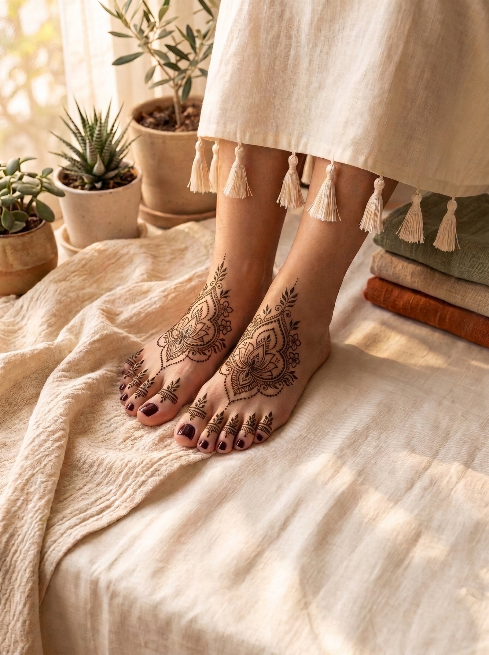 Elegant feet mehndi design featuring floral and paisley motifs, leafy details, dotted accents, and decorative patterns on the toes.