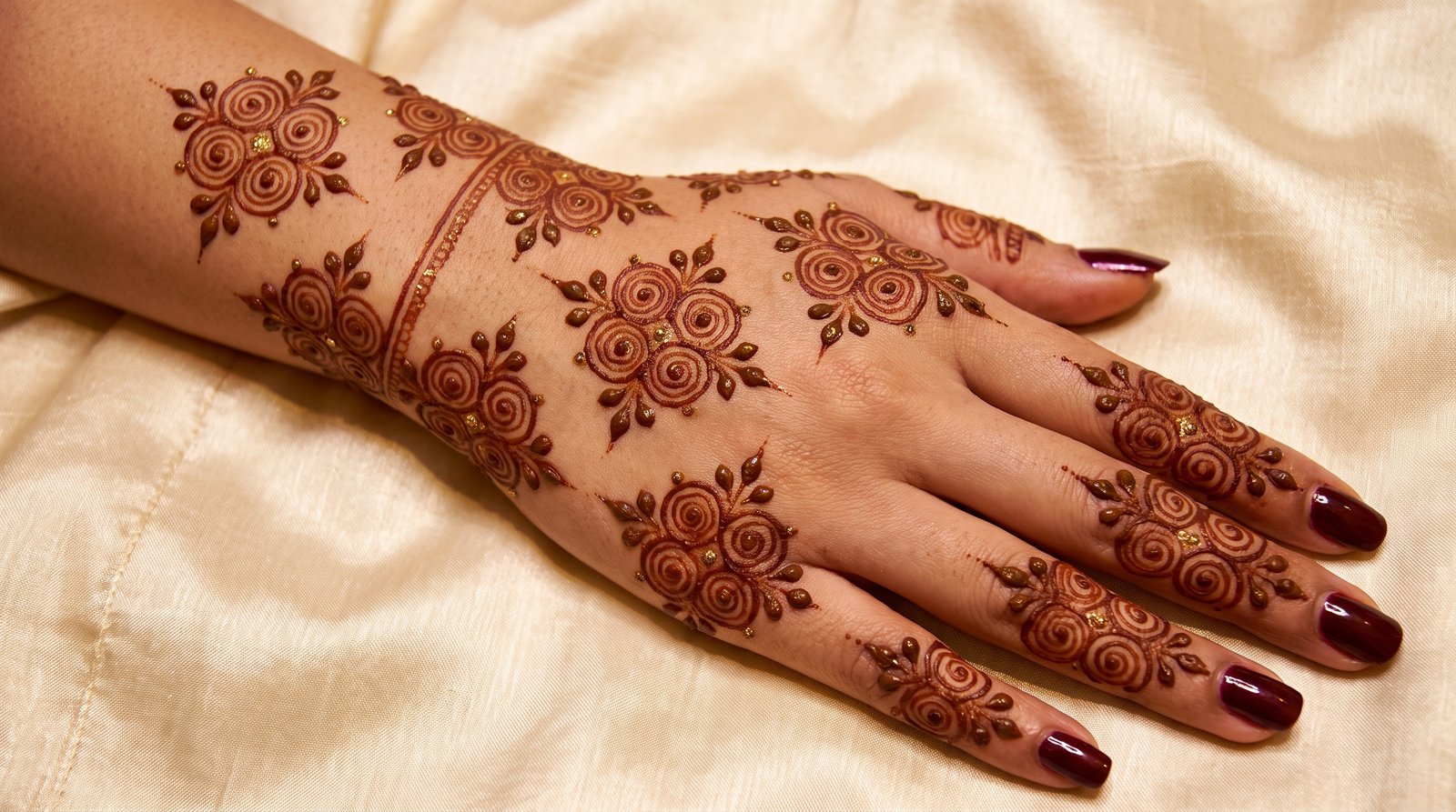 Elegant back hand mehndi design featuring rose floral motifs, leafy details, spiral patterns, and decorative wrist and finger designs.