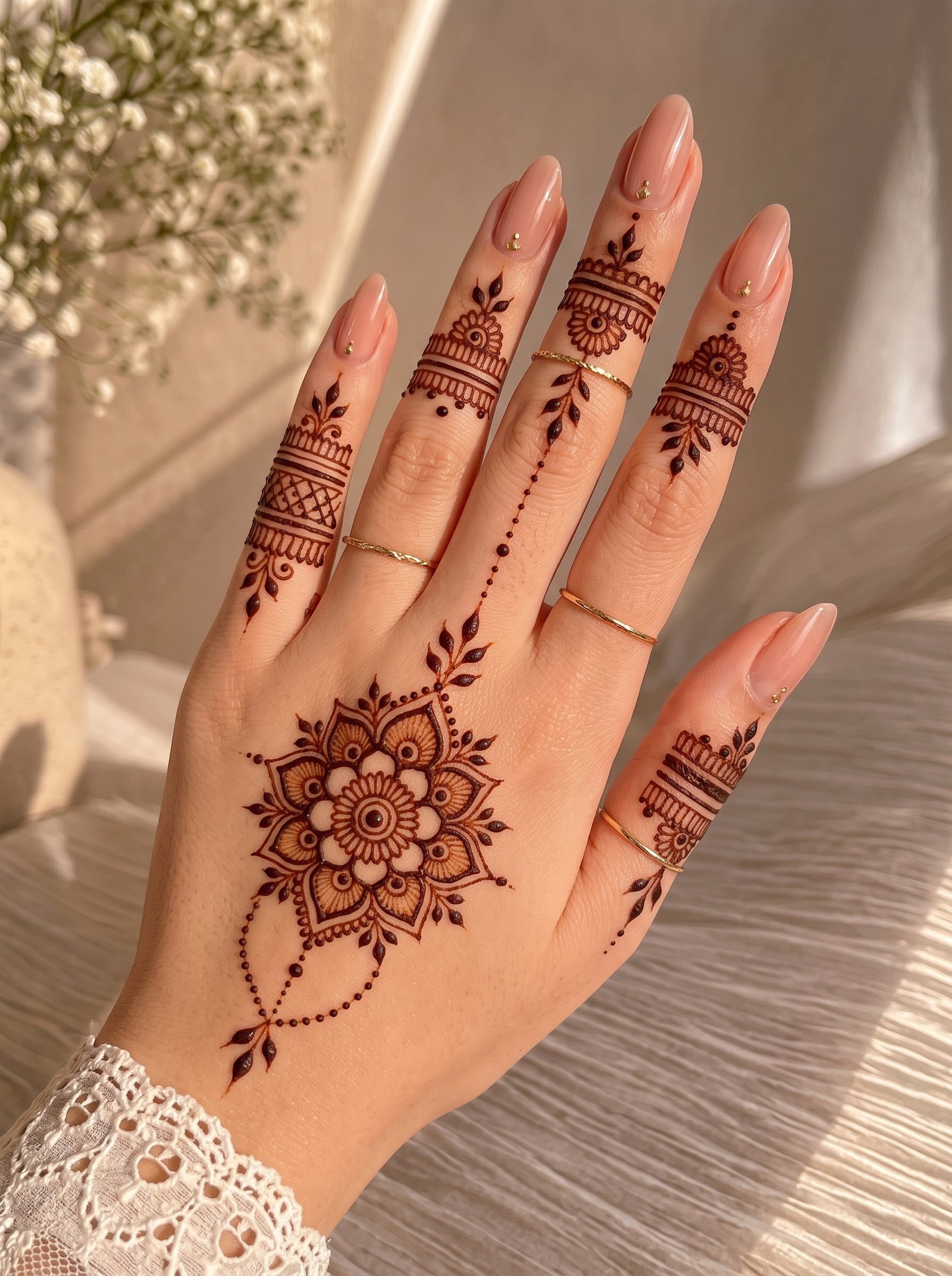 Elegant Indian mehndi design with floral mandala, leafy details, and decorated fingers