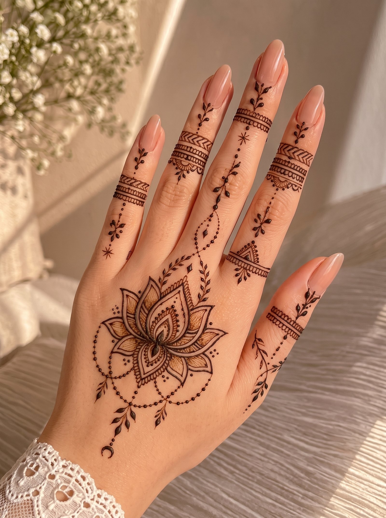 Elegant minimal mehndi design featuring a detailed lotus motif, dotted chains, leafy patterns, and delicate finger bands.