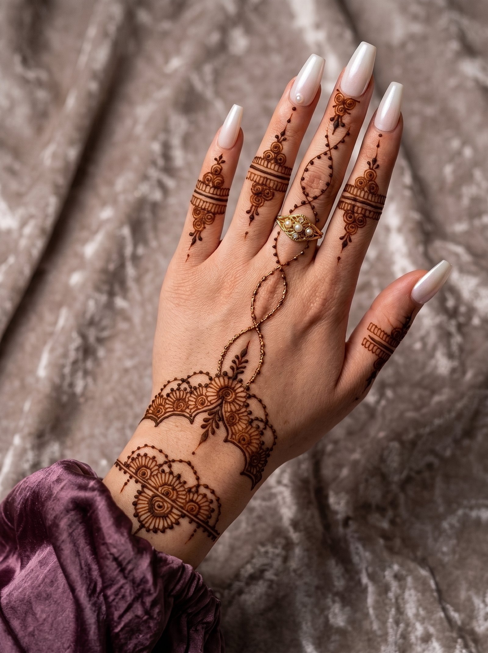 Elegant Arabic mehndi design featuring floral motifs, leafy details, dotted trails, and decorative finger patterns on the hand and wrist.